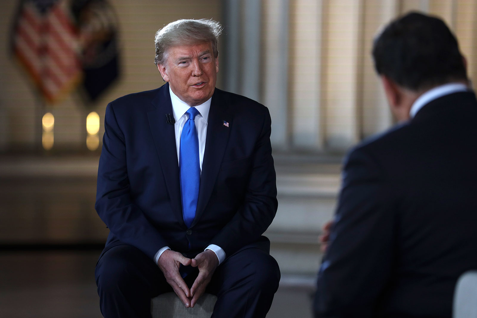 US President Donald Trump speaks with news anchor Bret Baier during a virtual town hall inside of the Lincoln Memorial on May 3 in Washington.