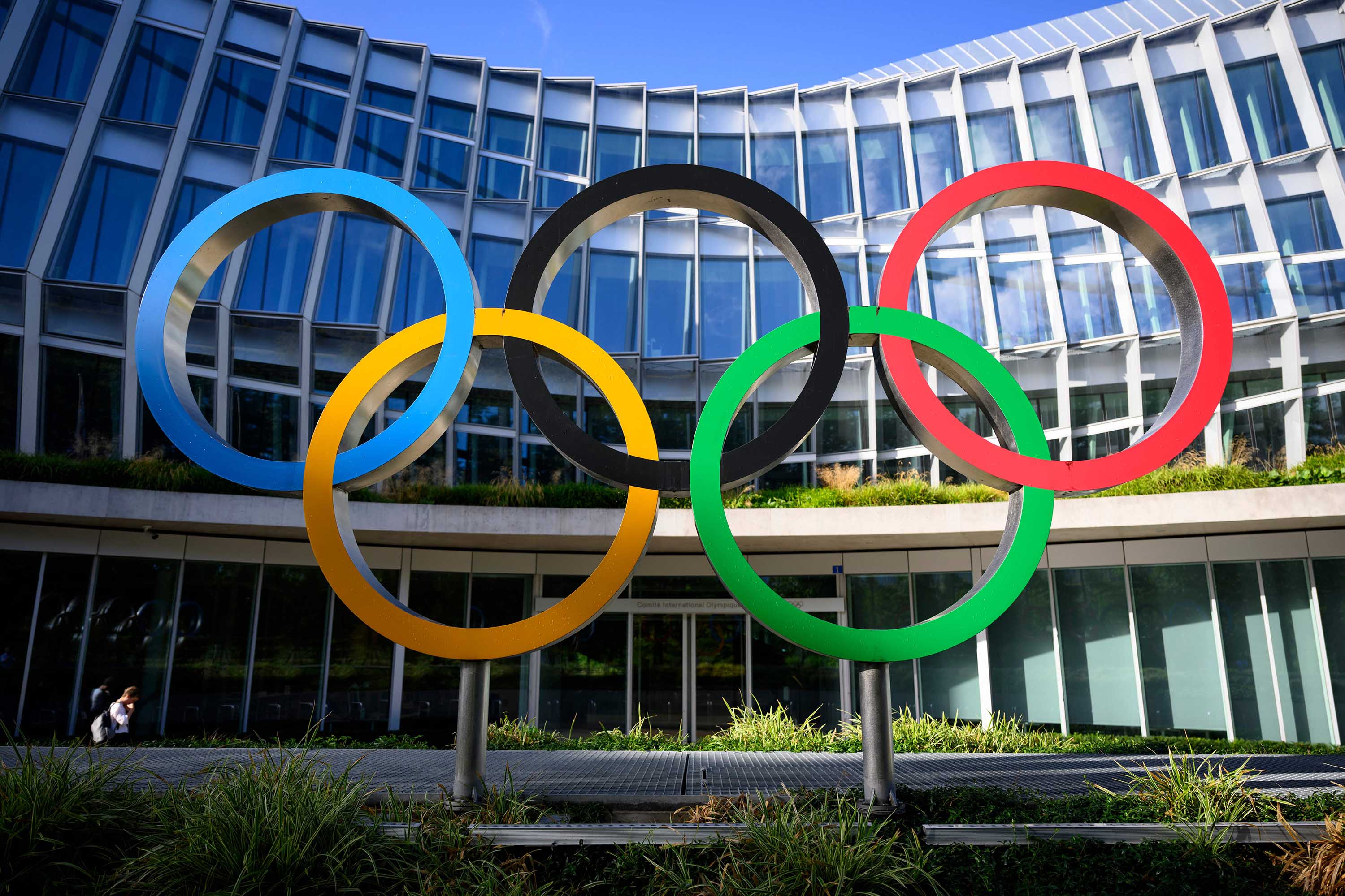 The Olympic rings are pictured outside Olympic House, in Lausanne, Switzerland, during a meeting of the International Olympic Committee in September 2022.