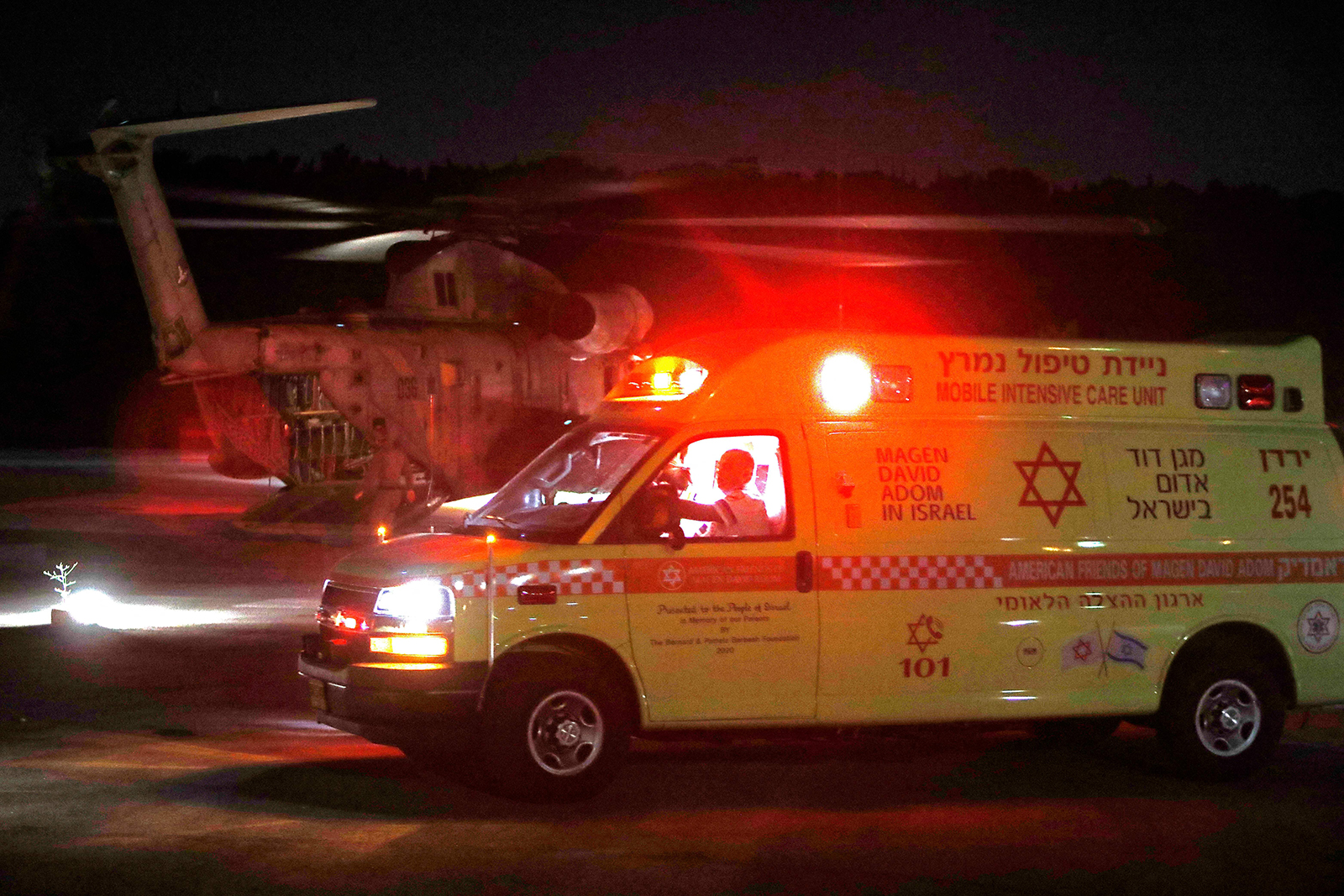 An Israeli military helicopter evacuates injured Jewish pilgrims from Ziv hospital in the Israeli northern city of Safed to the central Israel hospitals.