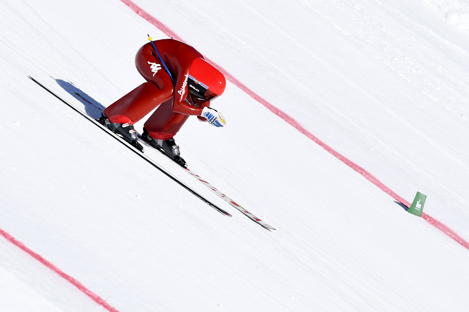 Italian speed skier Ivan Origone flies down a slope in Vars, France, in 2017. 
