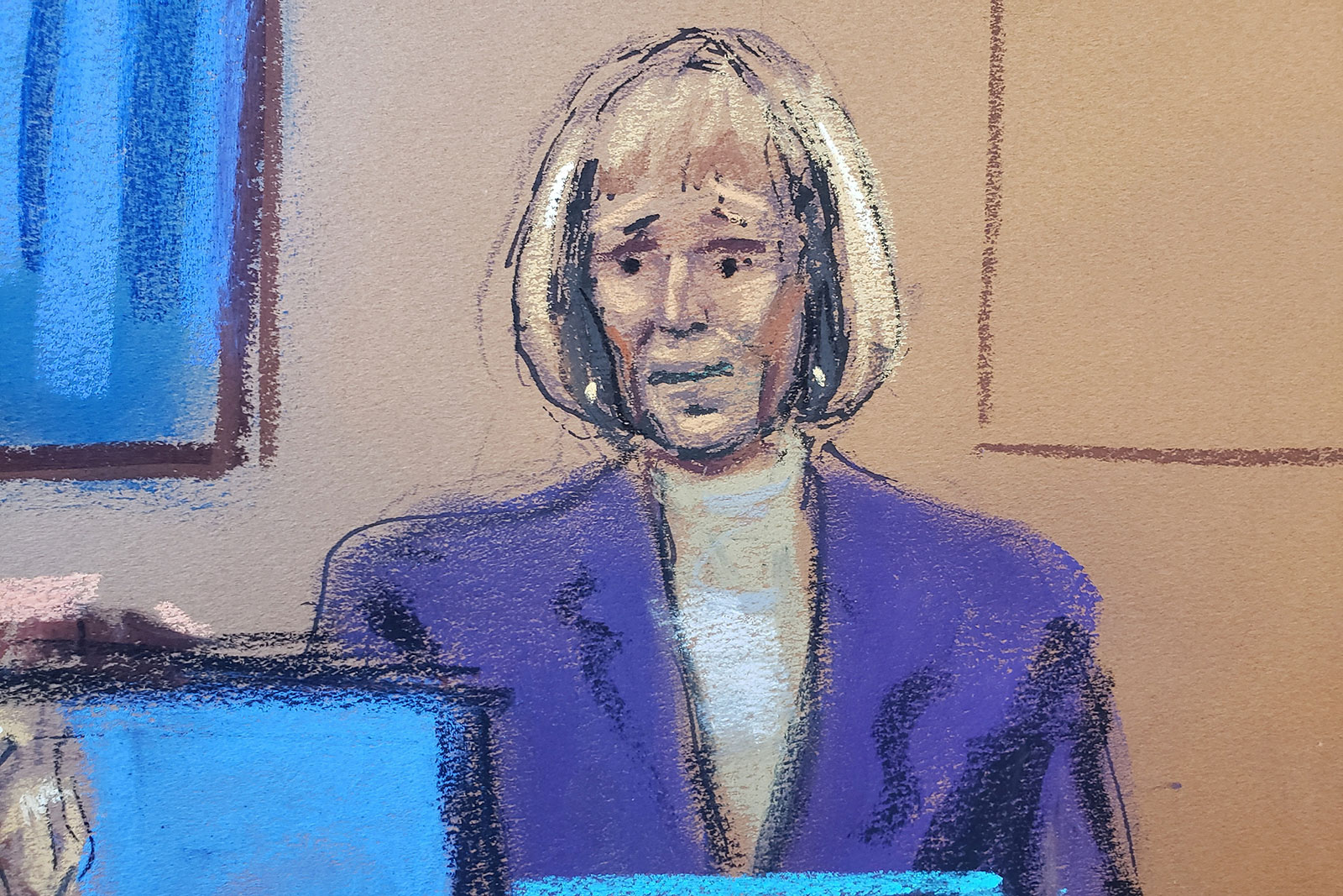 A courtroom sketch shows E. Jean Carroll testifies during the second civil trial at Manhattan Federal Court in New York, on Wednesday, January 17.