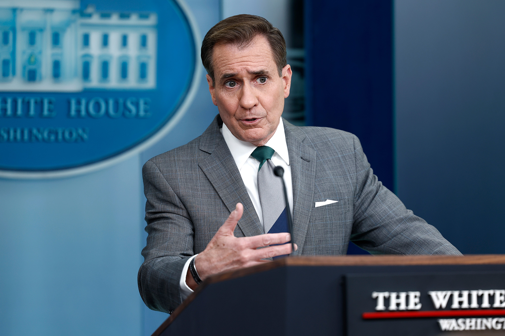 National Security Council Coordinator for Strategic Communications John Kirby speaks at the White House in Washington DC on April 15.