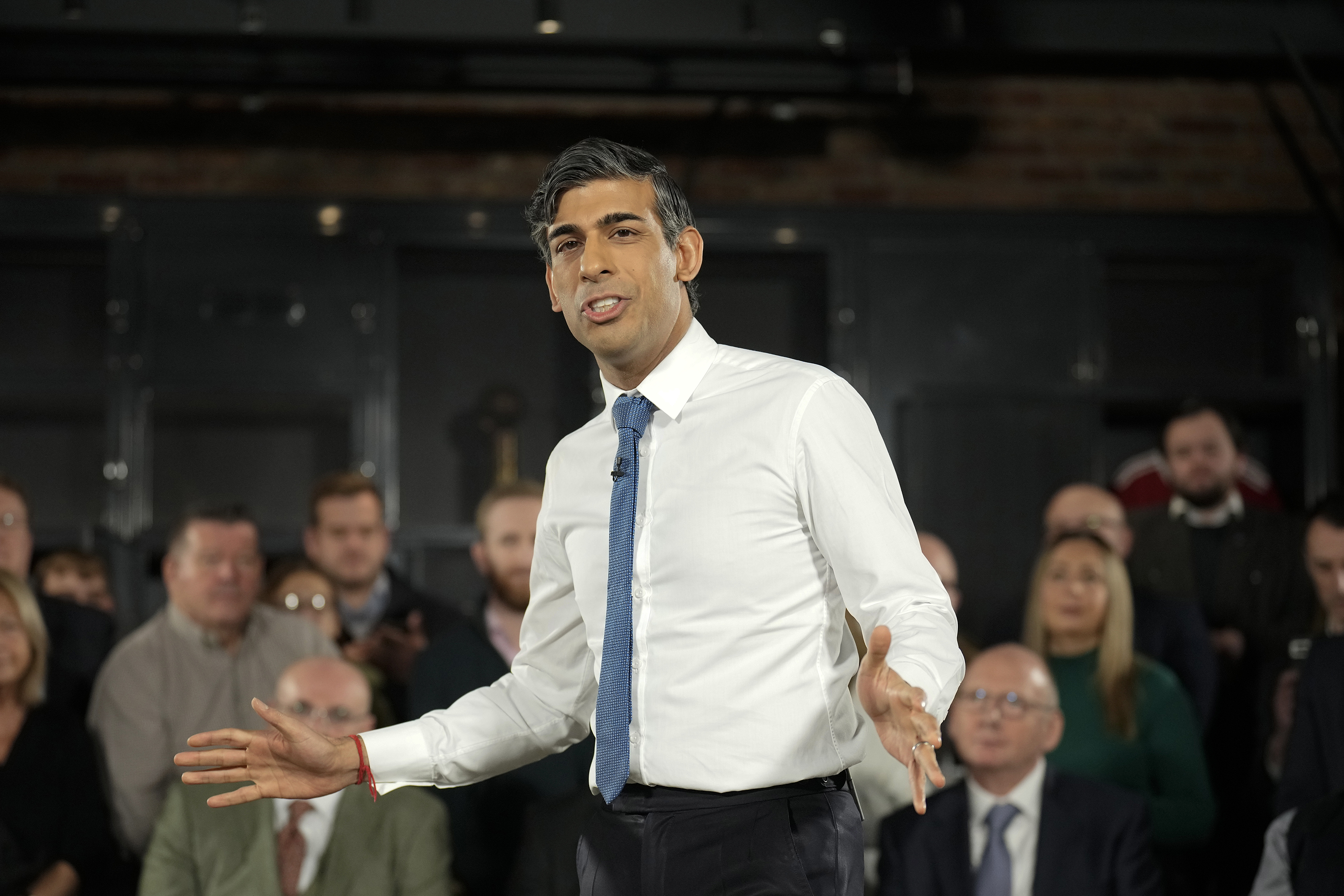 UK Prime Minister Rishi Sunak talks to an audience at a PM Connect event at Accrington Stanley Football Club on January 8, in Accrington, England. 