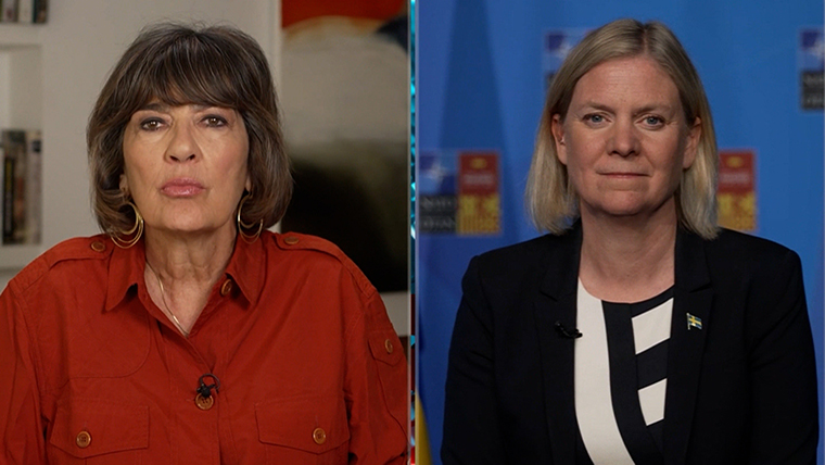 Swedish Prime Minister Magdalena Andersson (right) during her interview with Christiane Amanpour today.