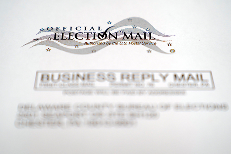 An envelope of a Pennsylvania official mail-in ballot for the 2020 general election in Marple Township, Pennsylvania, on October 13.