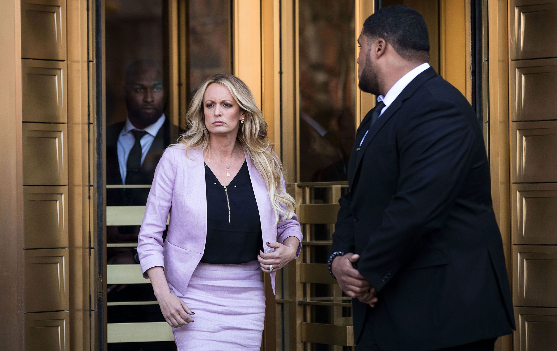 In this April 2018 photo, adult film actress Stormy Daniels exits the United States District Court Southern District of New York in New York. 