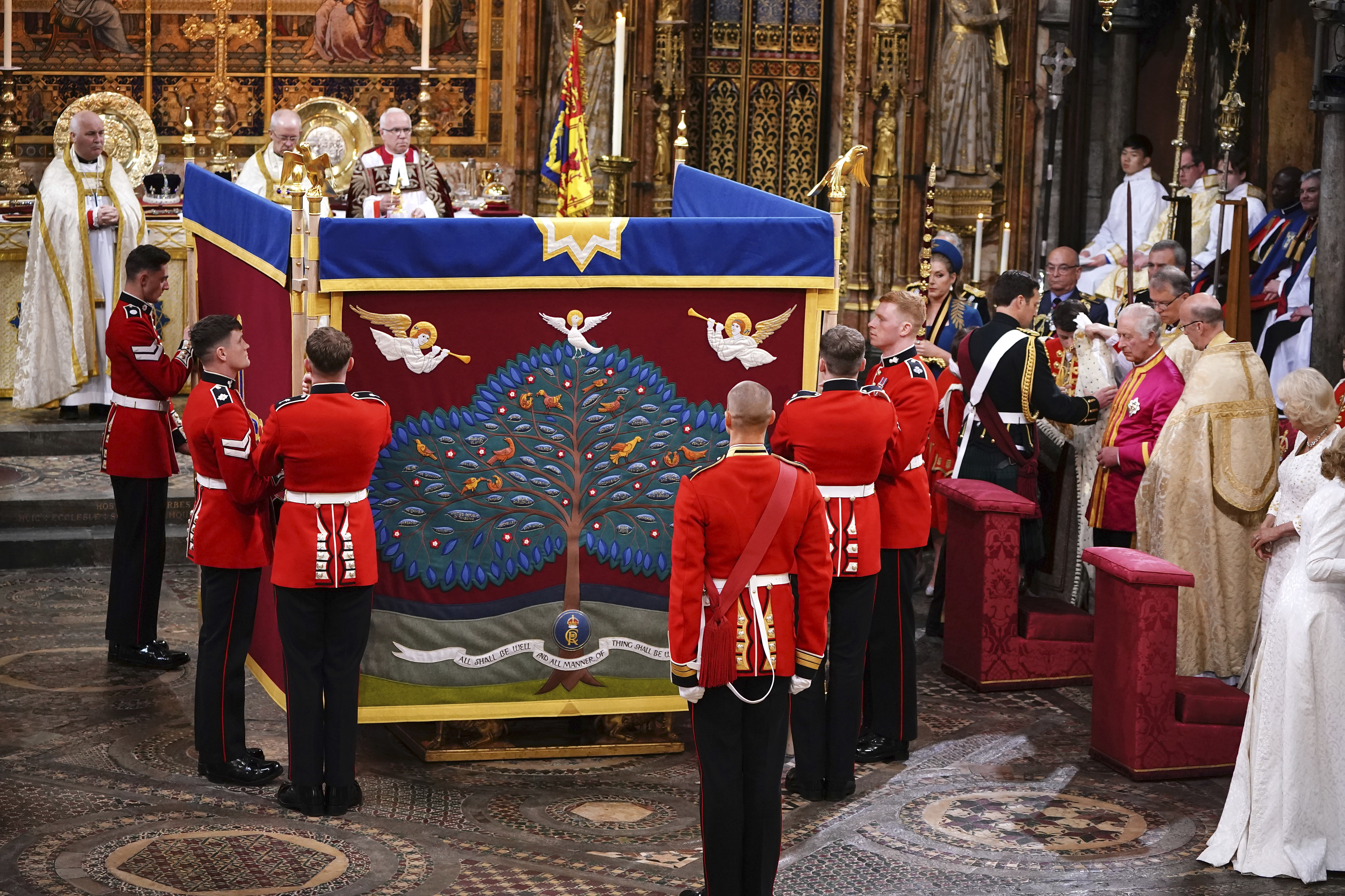 An anointing screen is erected for King Charles III during his coronation ceremony in Westminster Abbey in London on Saturday.
