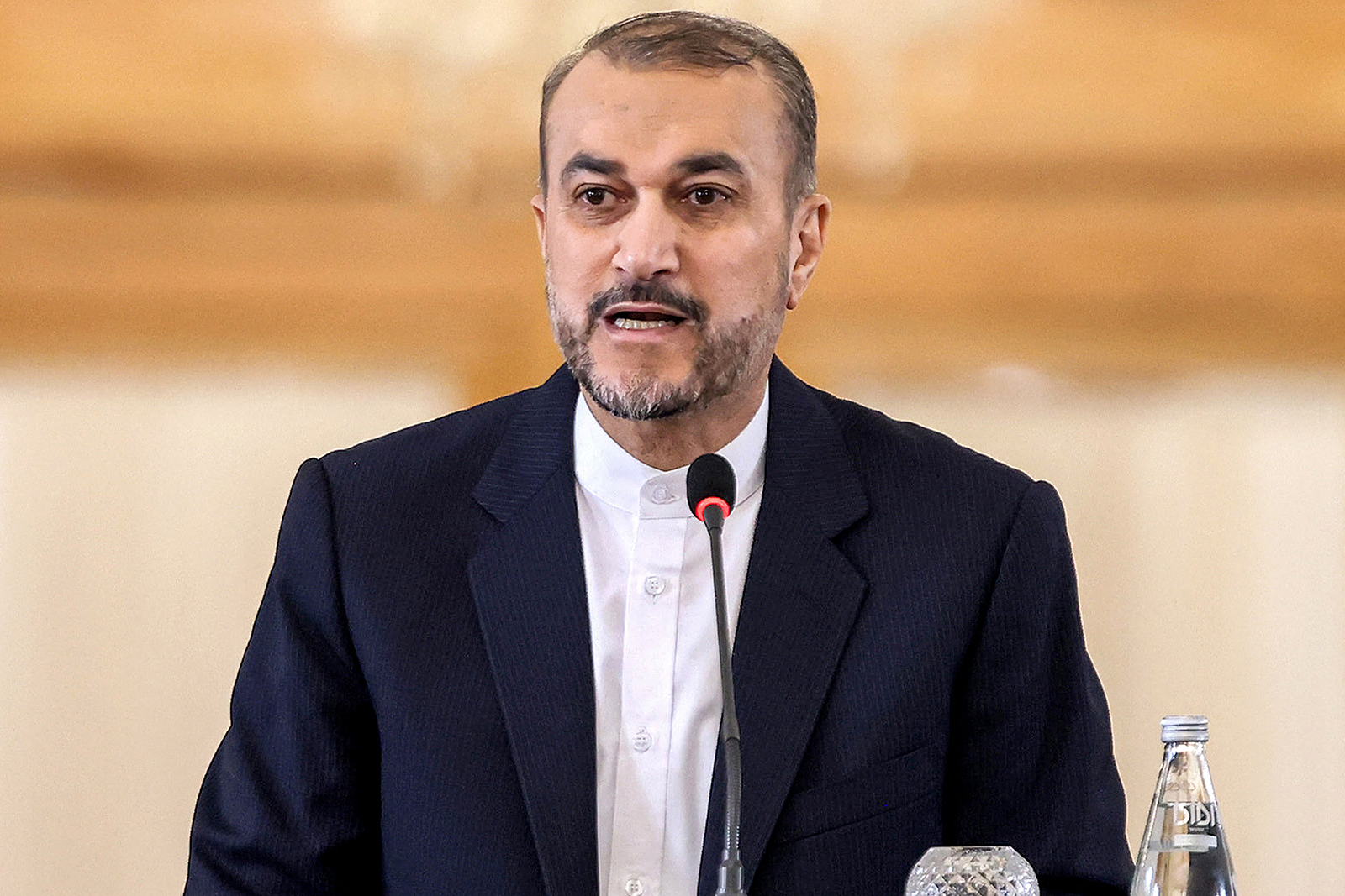 4 月 14 日，伊朗外交部长侯赛因·阿米尔-阿卜杜拉希安在伊朗德黑兰举行的新闻发布会上发表讲话。