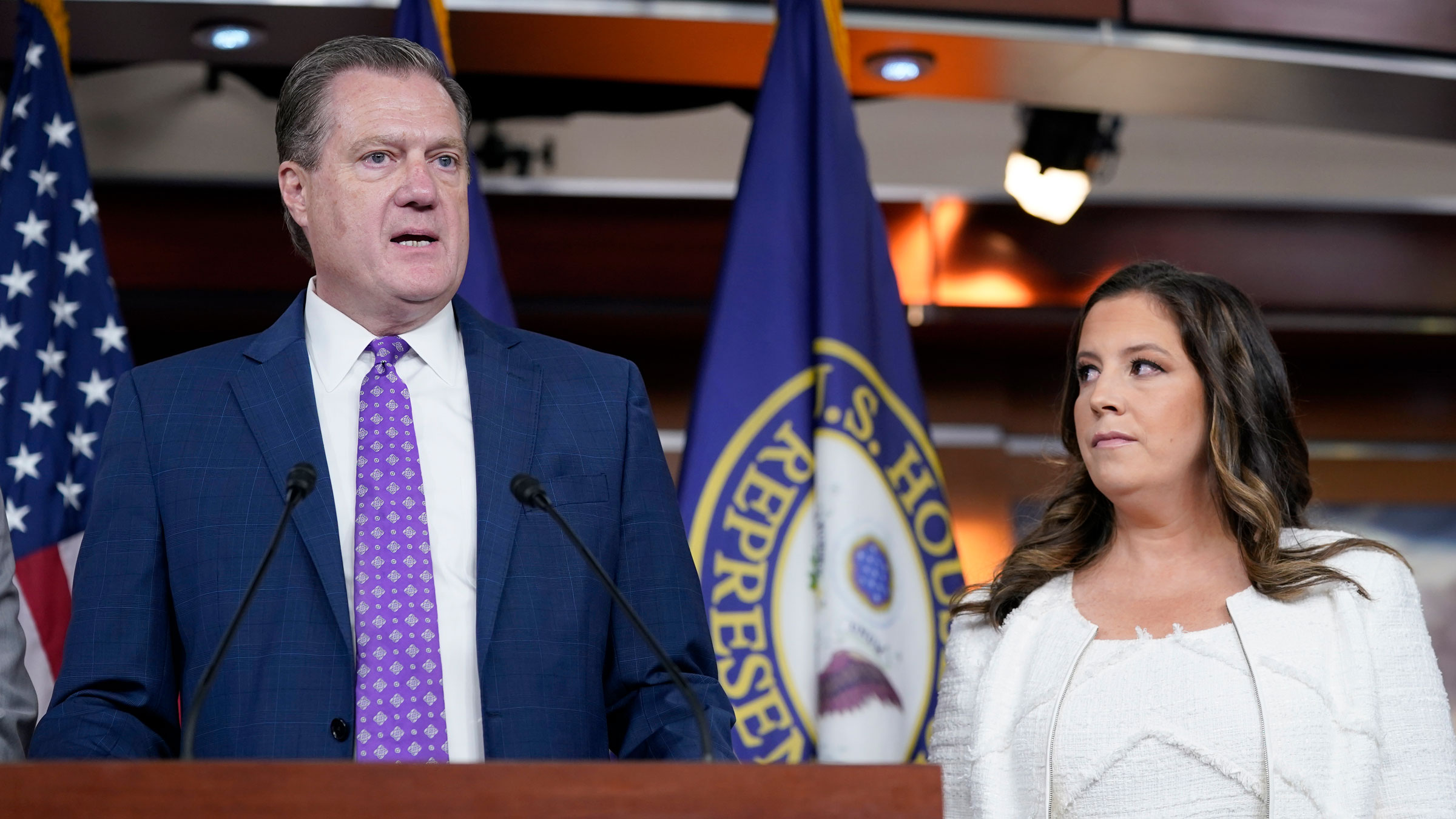 US Rep. Mike Turner speaks during a news conference on Capitol Hill on Friday. On the right is US Rep. Elise Stefanik.