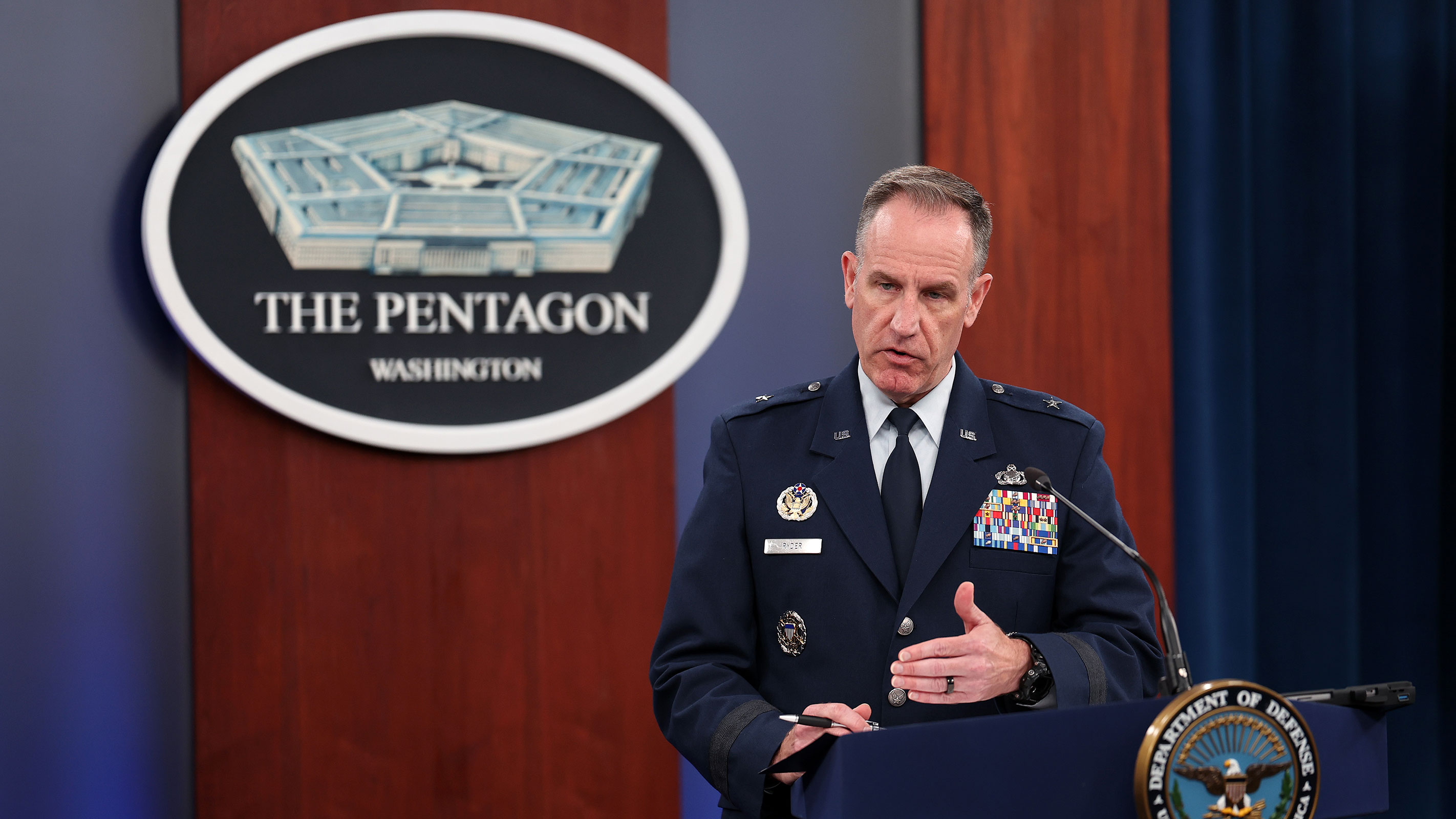 Defense Department spokesman Brig. Gen. Patrick Ryder holds a news conference at the Pentagon on August 31, 2023, in Arlington, Virginia.