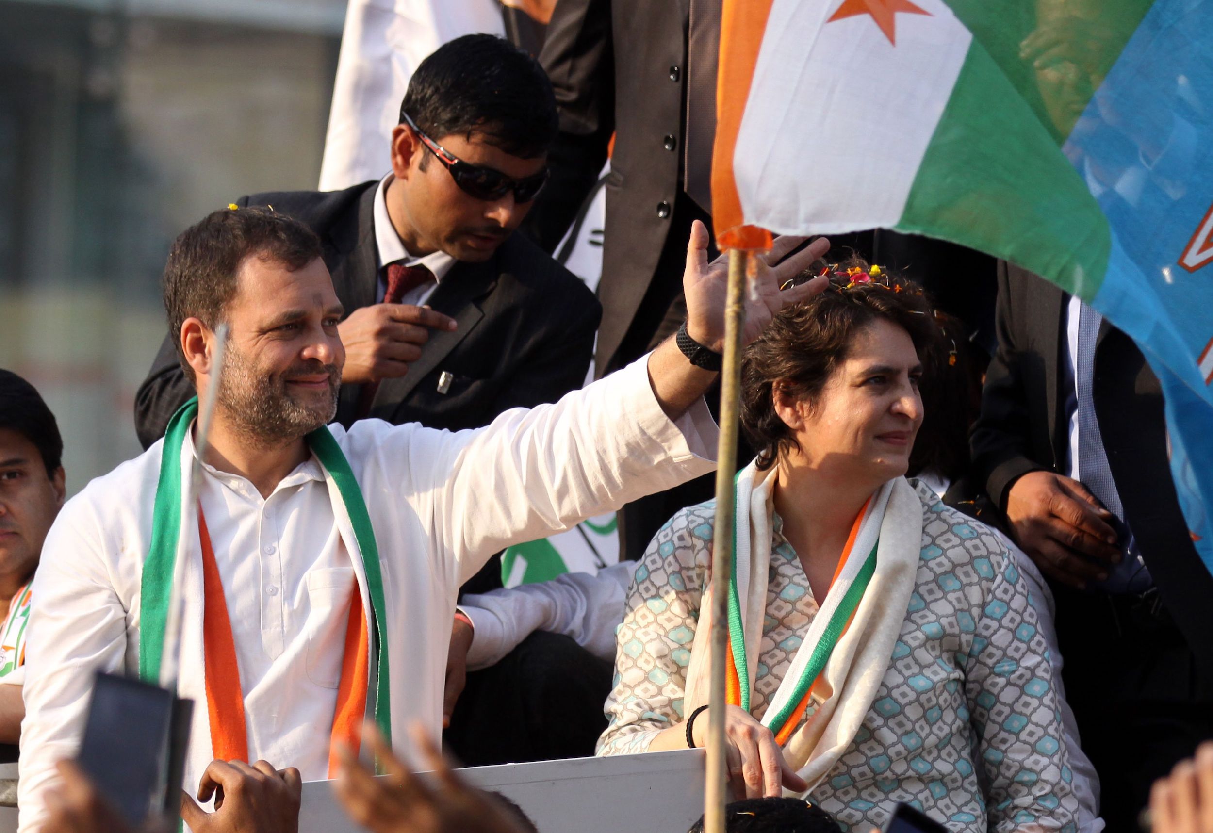 Indian Congress Party leader Rahul Gandhi at a rally next to his sister Priyanka Gandhi Vadra in Lucknow, the capital of the election bellwether Uttar Pradesh state, on February 11, 2019.