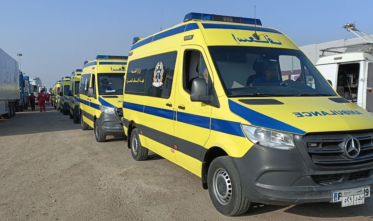 Ambulances from Egypt at the Rafah border crossing to transport Palestinians in Rafah, Gaza, on November 1.