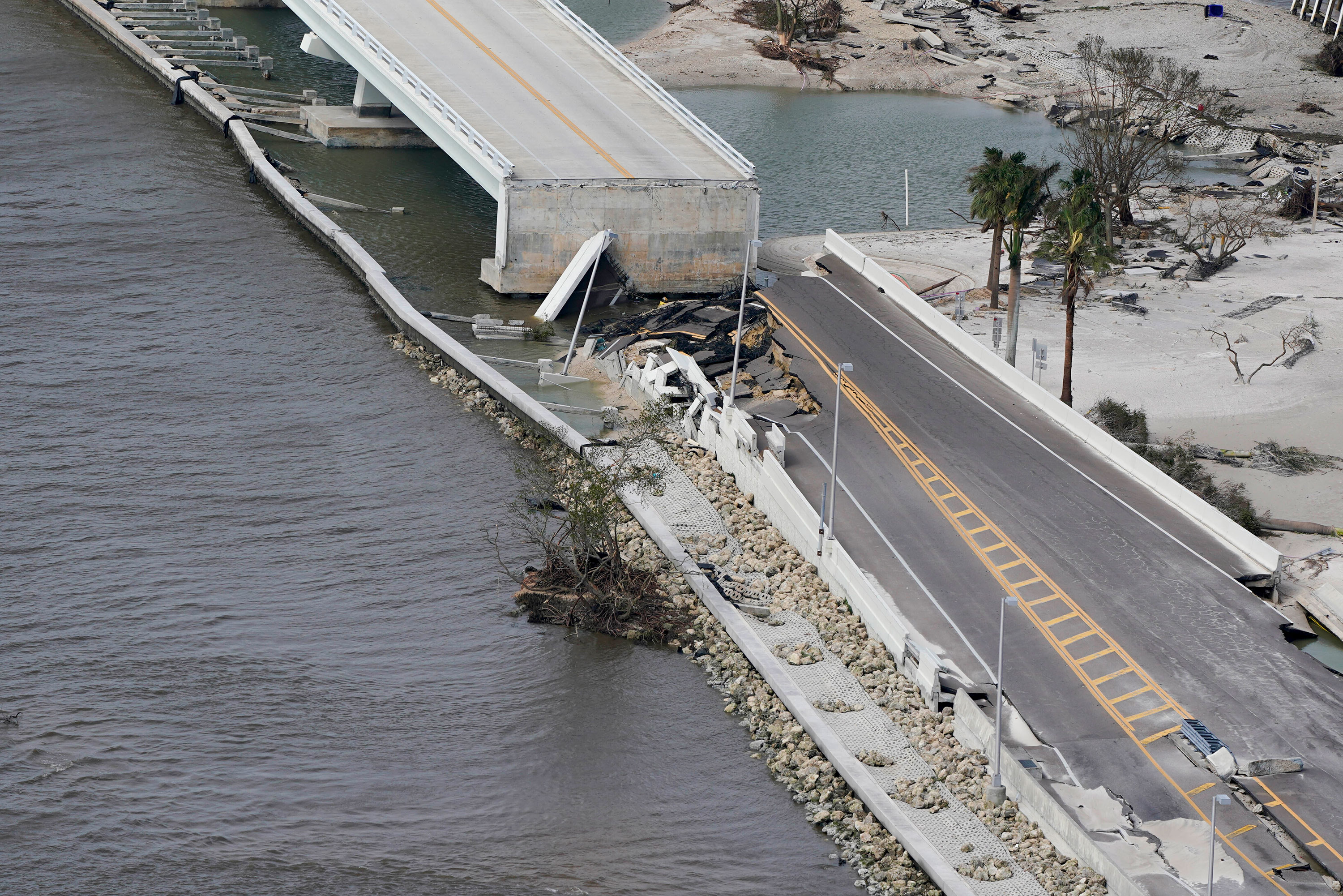 A causeway to Sanibel Island is seen damaged on Thursday.