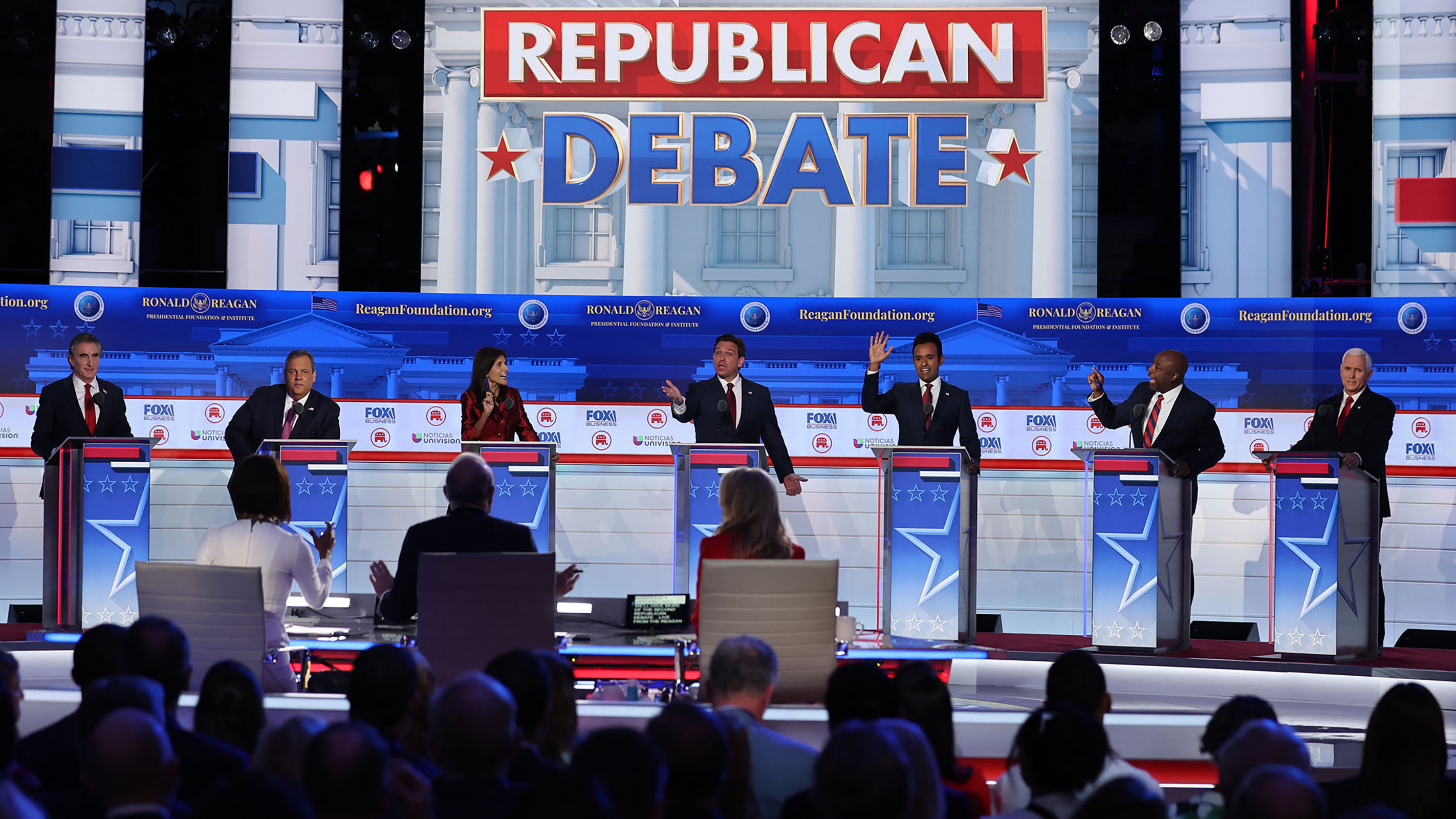 Republican presidential candidates talk over each other during the second Republican candidates' debate of the 2024 presidential campaign at the Ronald Reagan Presidential Library in Simi Valley, California, on September 27, 2023.
