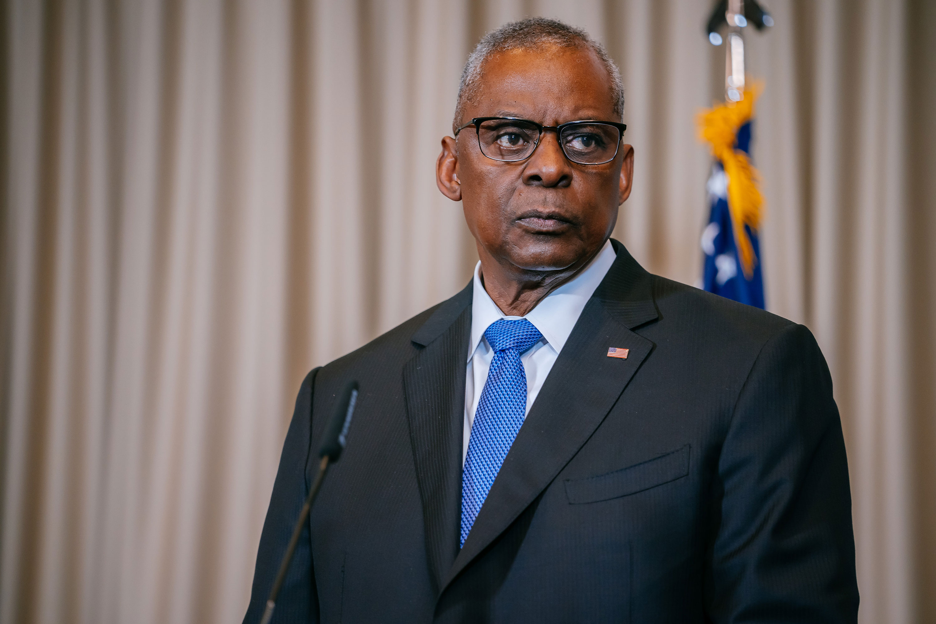 Defense Secretary Lloyd Austin speaks to the media at the seventh gathering of the Ukraine Defense Contact Group in Ramstein-Miesenbach, Germany, on March 19. 