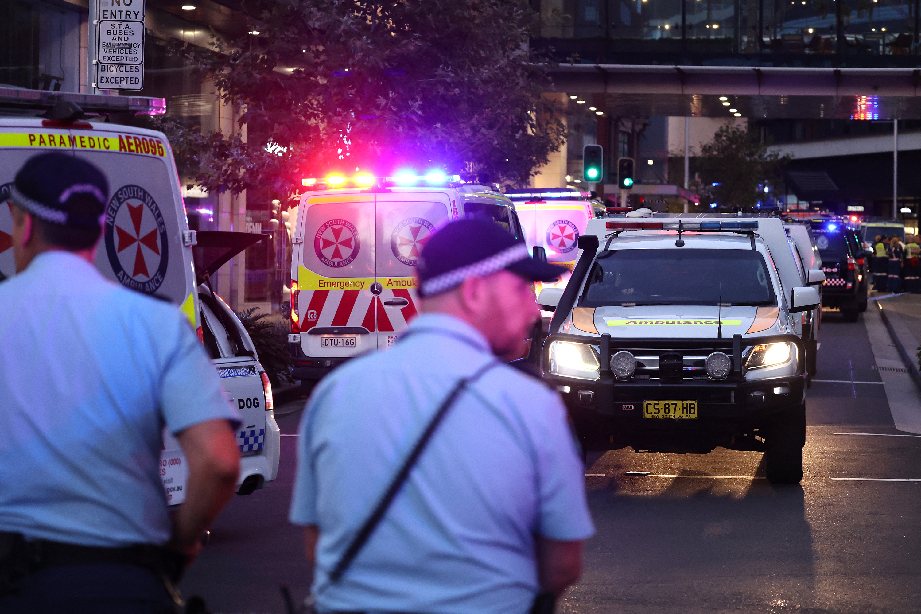 Police and ambulances are seen outside the Westfield Bondi Junction shopping mall after a stabbing in Sydney on April 13.