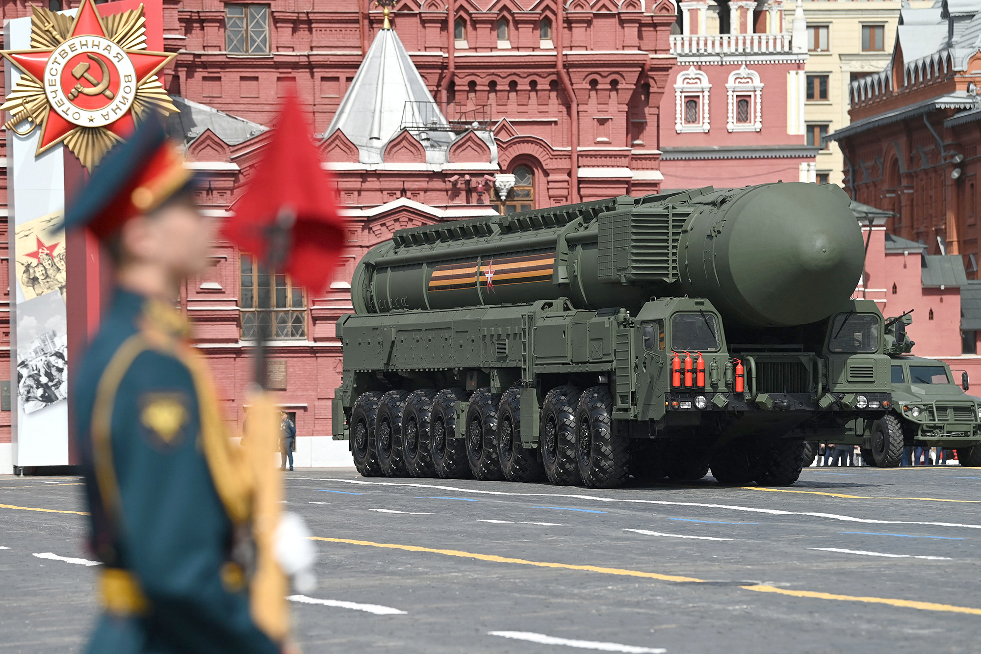 A Russian Yars intercontinental ballistic missile launcher parades through Red Square during the general rehearsal of the Victory Day military parade in central Moscow, Russia, on May 7.