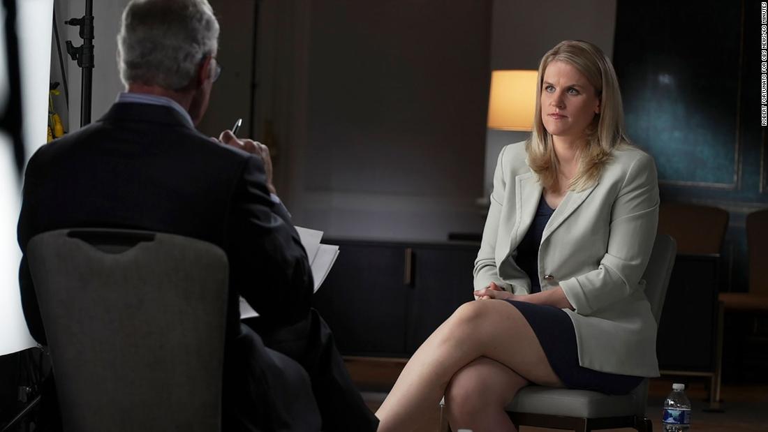 Frances Haugen with Scott Pelley during her "60 Minutes" interview on October 3, 2021.