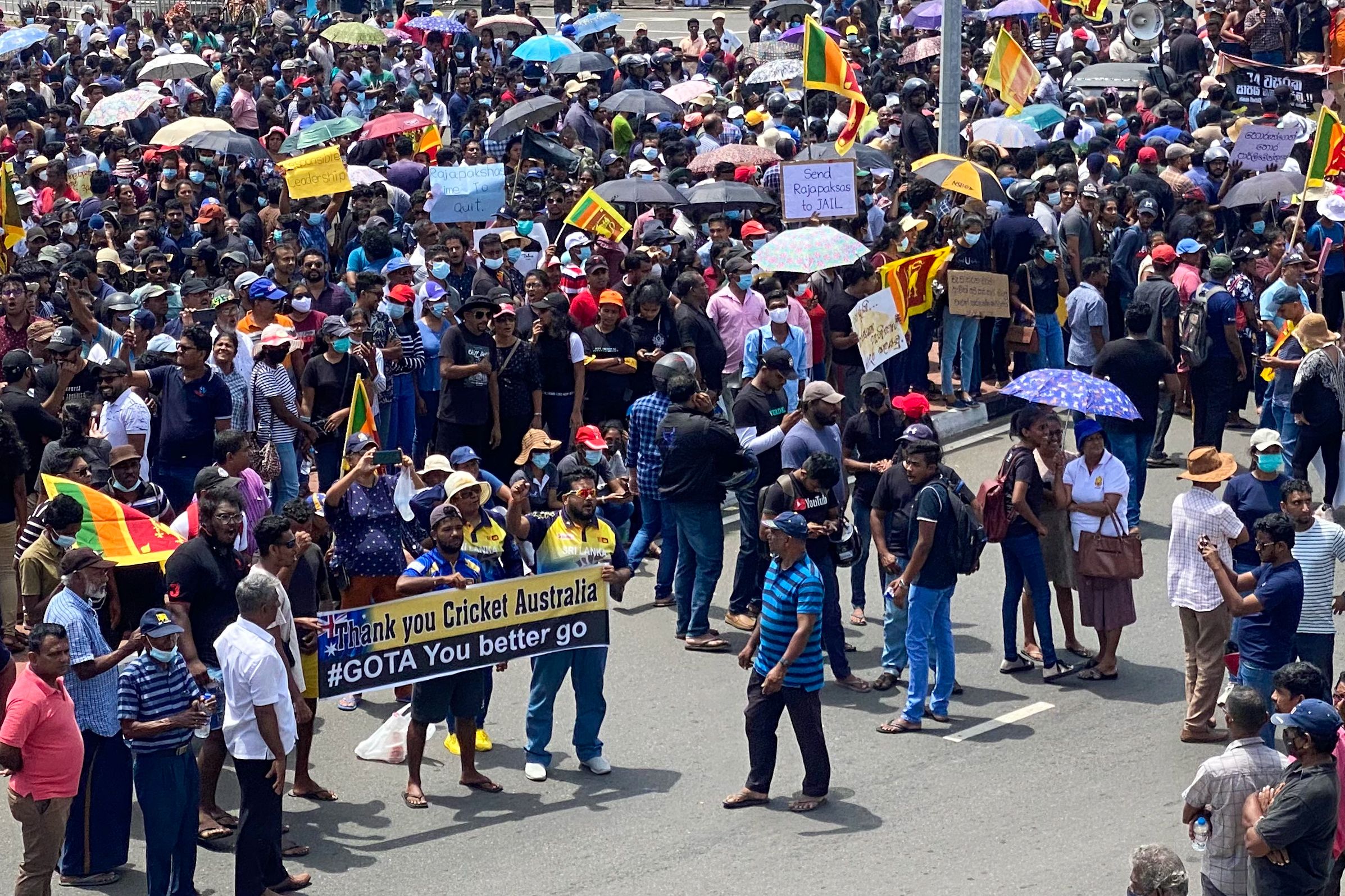 Protesters participate in an anti-government demonstration outside the Galle International Cricket Stadium in Galle on July 9, 2022. (Photo by ISHARA S. KODIKARA / AFP) (Photo by ISHARA S. KODIKARA/AFP via Getty Images)