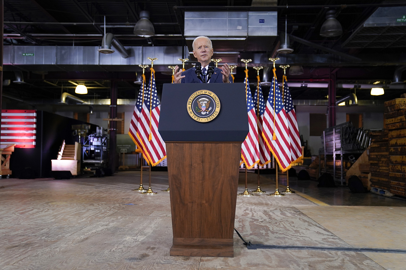 President Joe Biden delivers a speech on infrastructure spending at Carpenters Pittsburgh Training Center on Wednesday, March 31, in Pittsburgh.