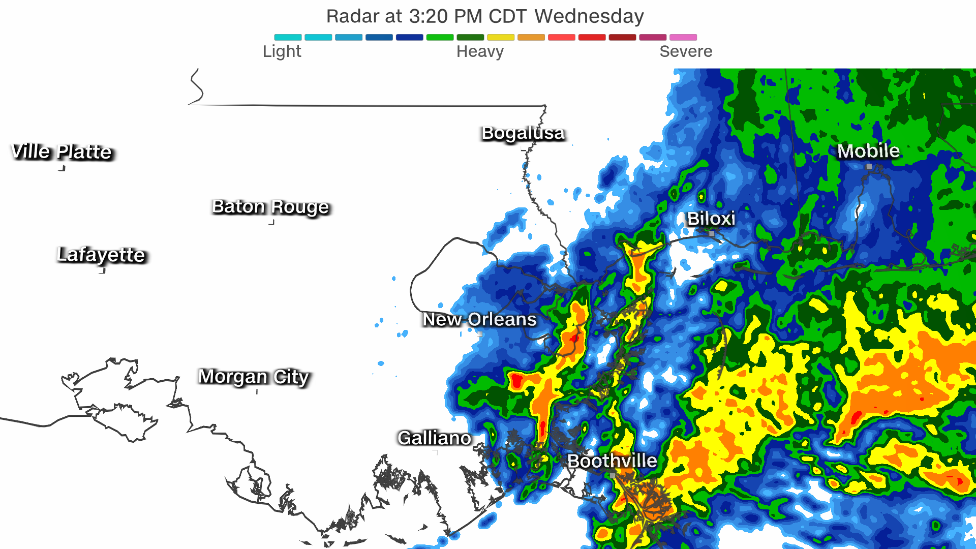 Rain and storms move east of New Orleans Wednesday afternoon. 