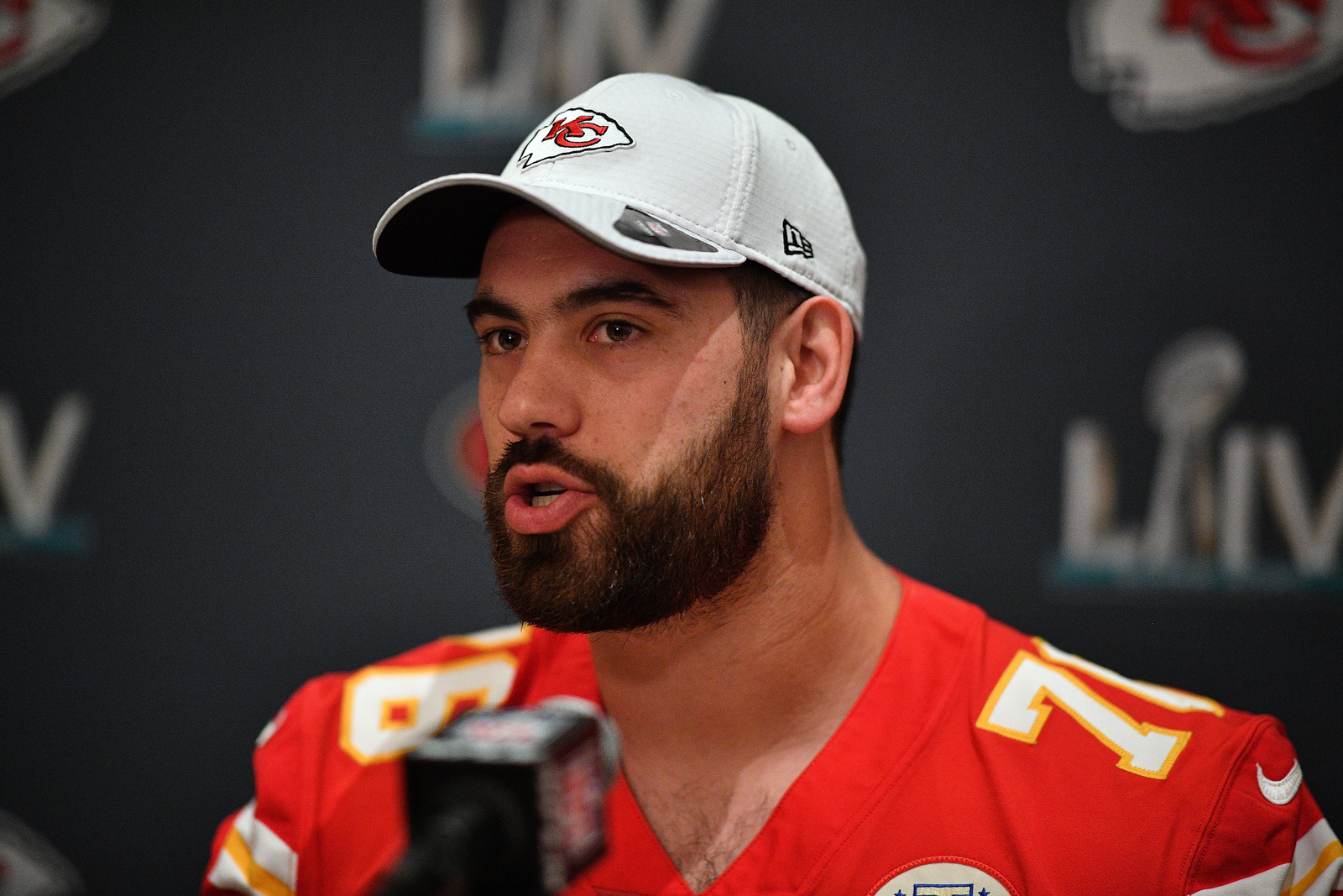 Laurent Duvernay-Tardif #76 of the Kansas City Chiefs speaks to the media during the Kansas City Chiefs media availability prior to Super Bowl LIV at the JW Marriott Turnberry on January 29 in Aventura, Florida.