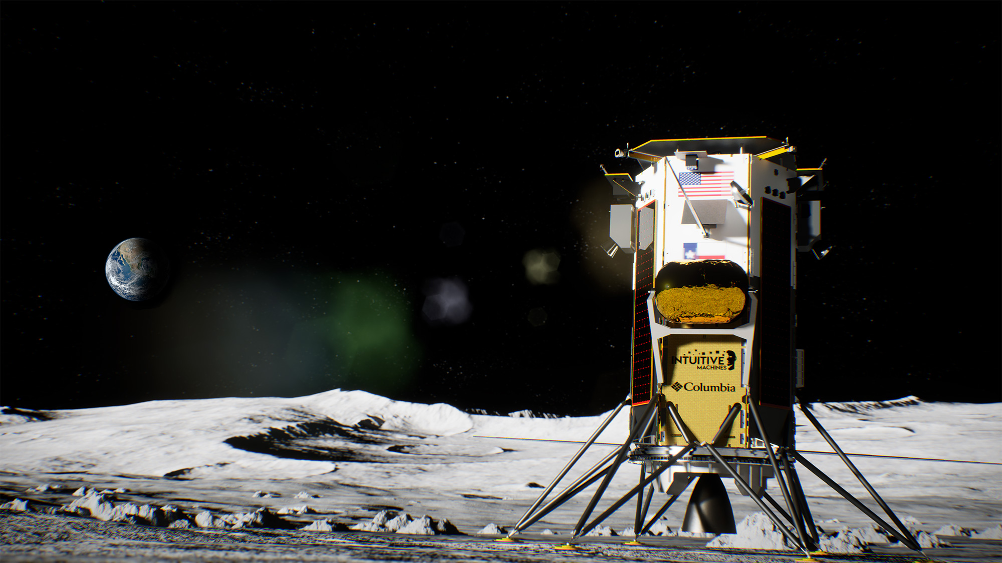 A rendering shows Intuitive Machines IM-1 Nova-C lander on the moon. 