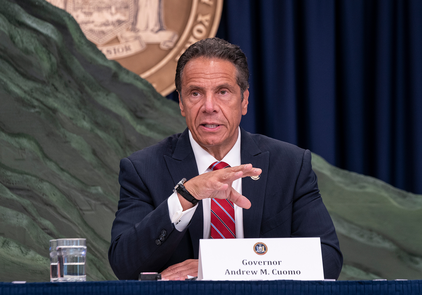 New York State Gov. Andrew Cuomo speaks at a media briefing in New York on July 8.