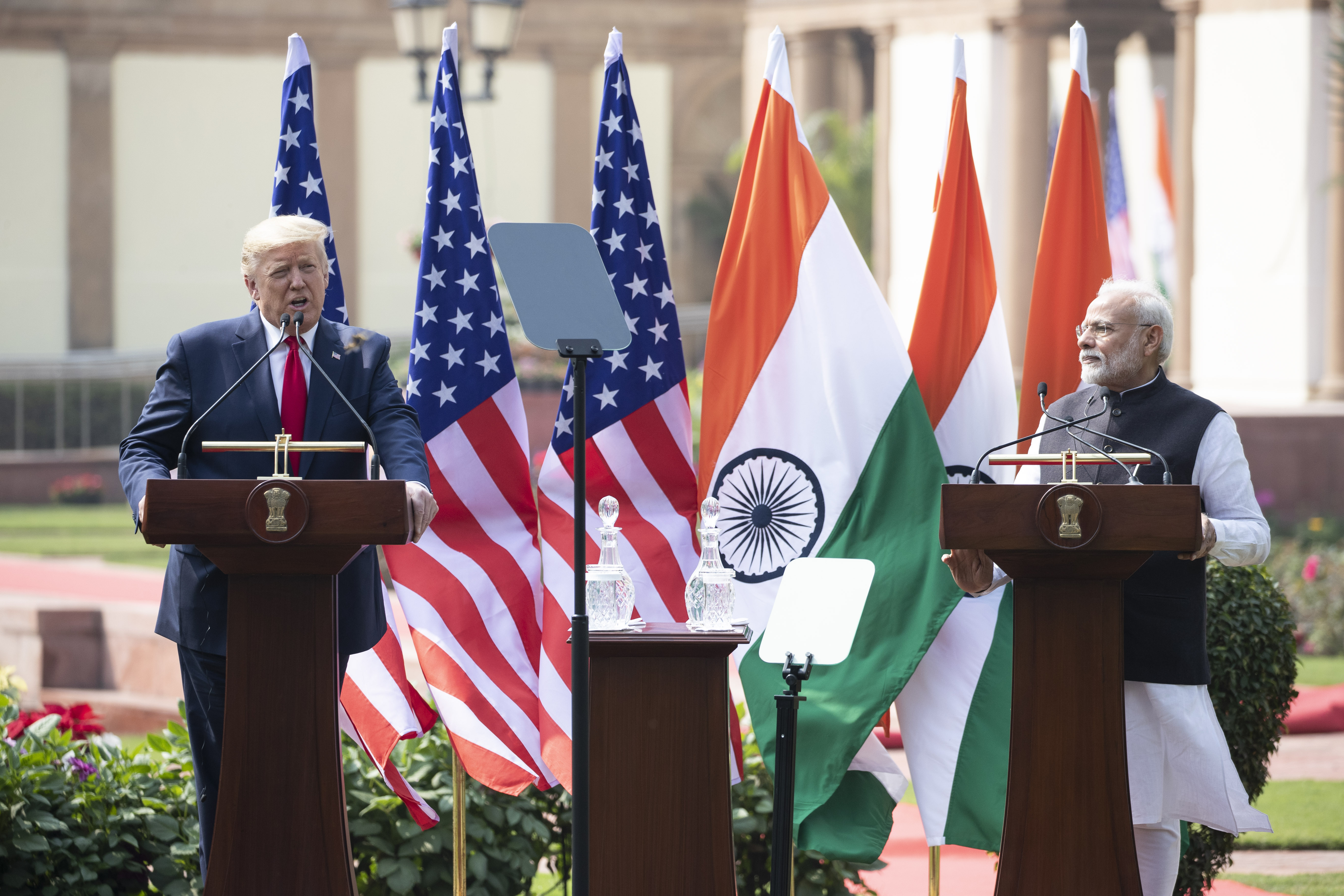 President Donald Trump speaks during a news conference on Tuesday, February 25, in New Delhi.