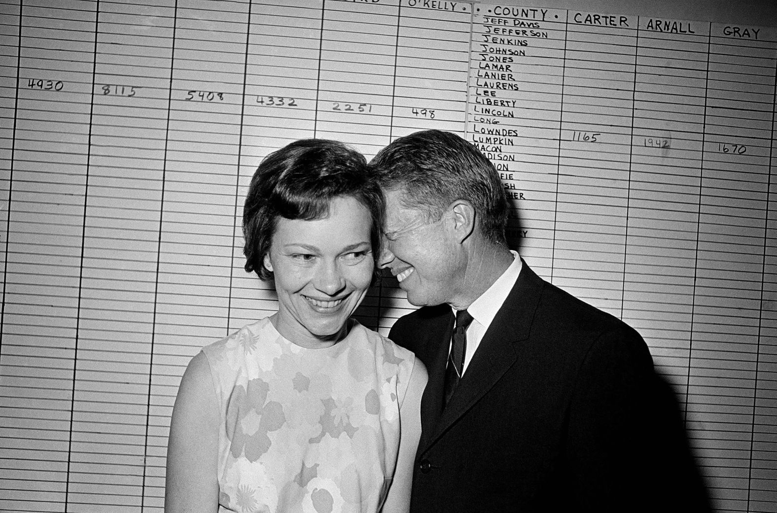 Jimmy Carter, then a Georgia state senator, hugs his wife at his campaign headquarters in Atlanta in 1966.