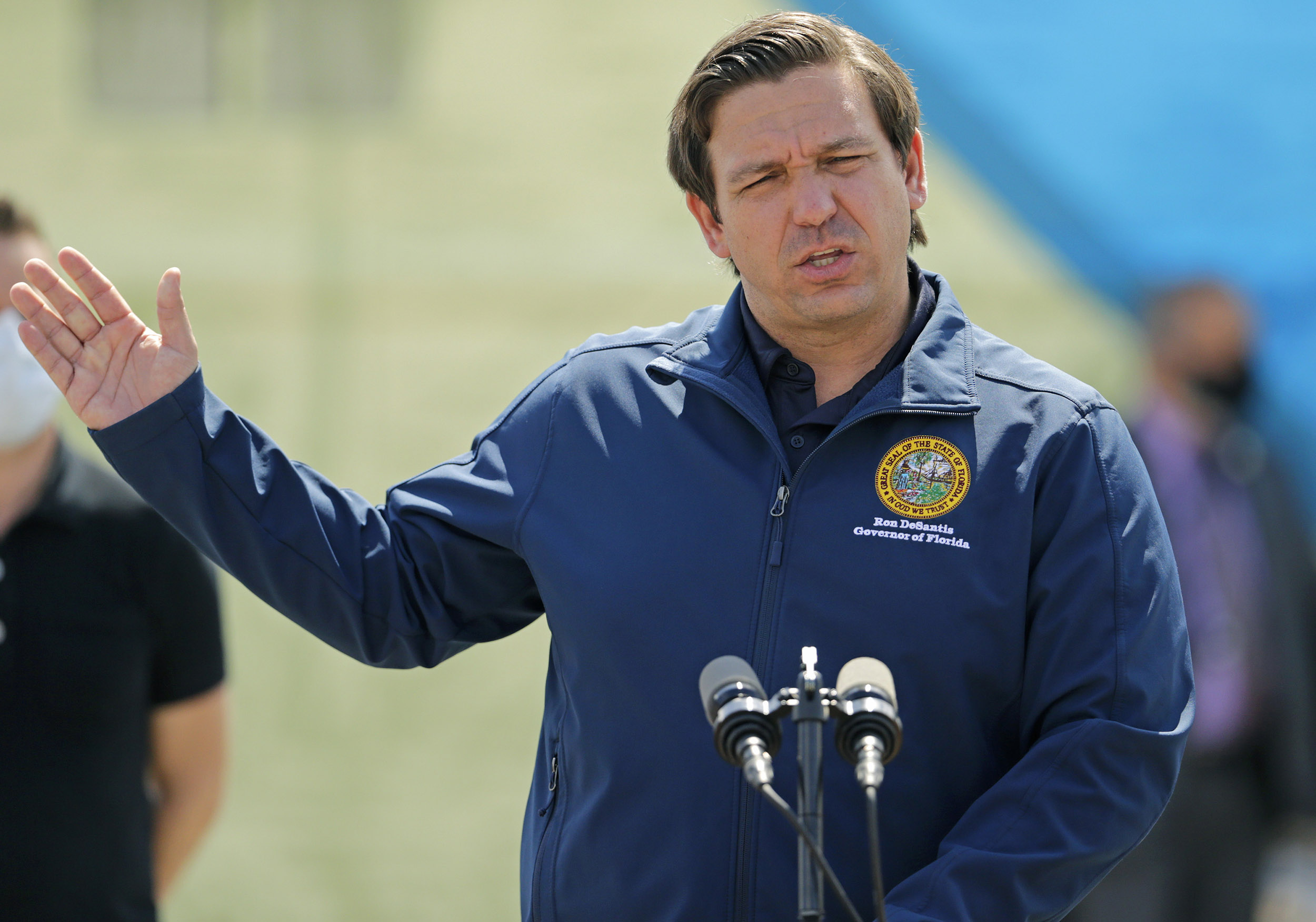 Florida Governor Ron DeSantis talks during a press conference announcing a COVID-19 antibody testing mobile lab on-site at the Hard Rock Stadium in Miami Gardens, Florida on Wednesday, May 6. 