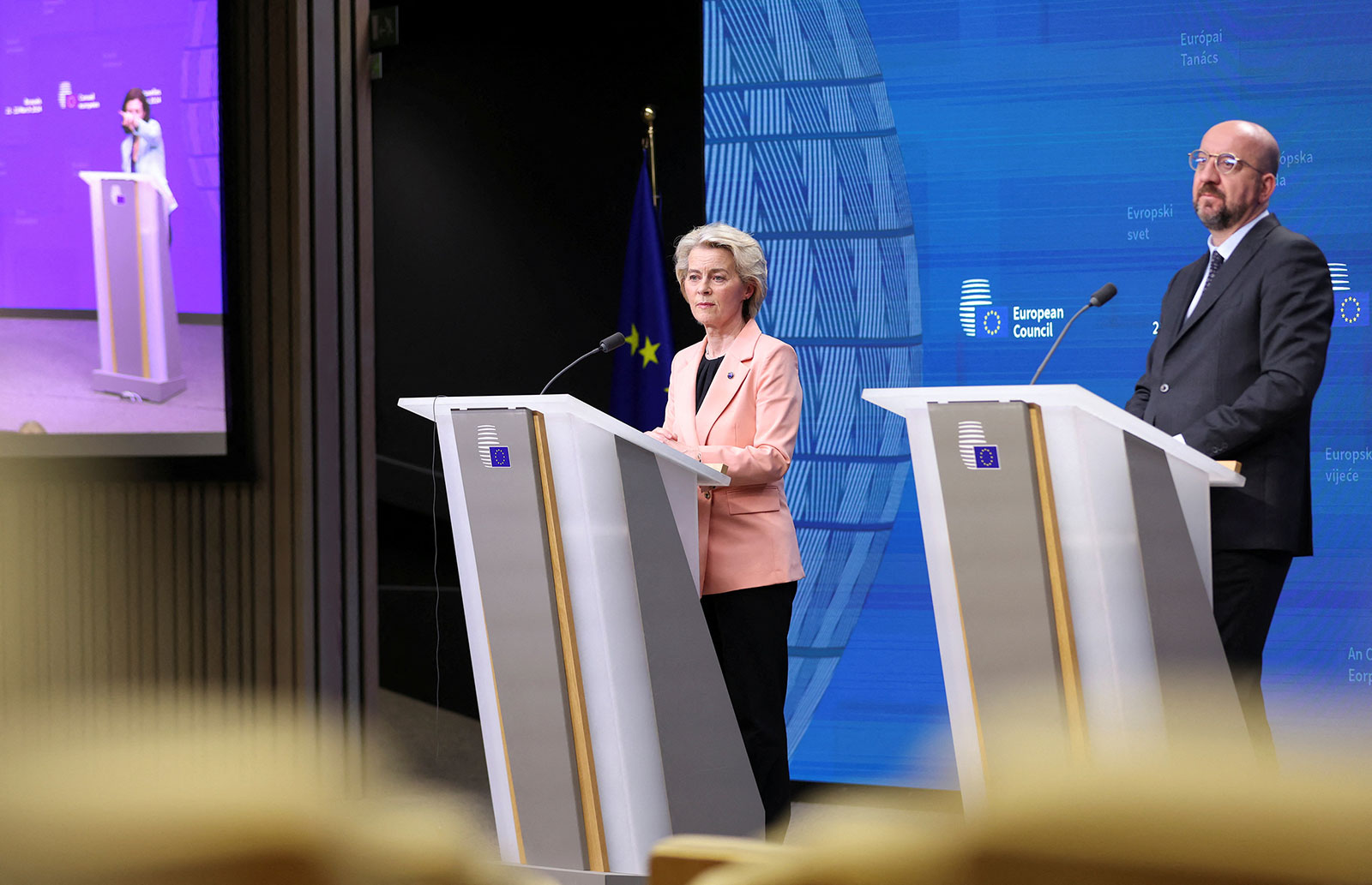 European Commission President Ursula von der Leyen and European Council President Charles Michel attend a press conference, on the day of a European Union leaders summit in Brussels, Belgium, on Thursday, March 21. 