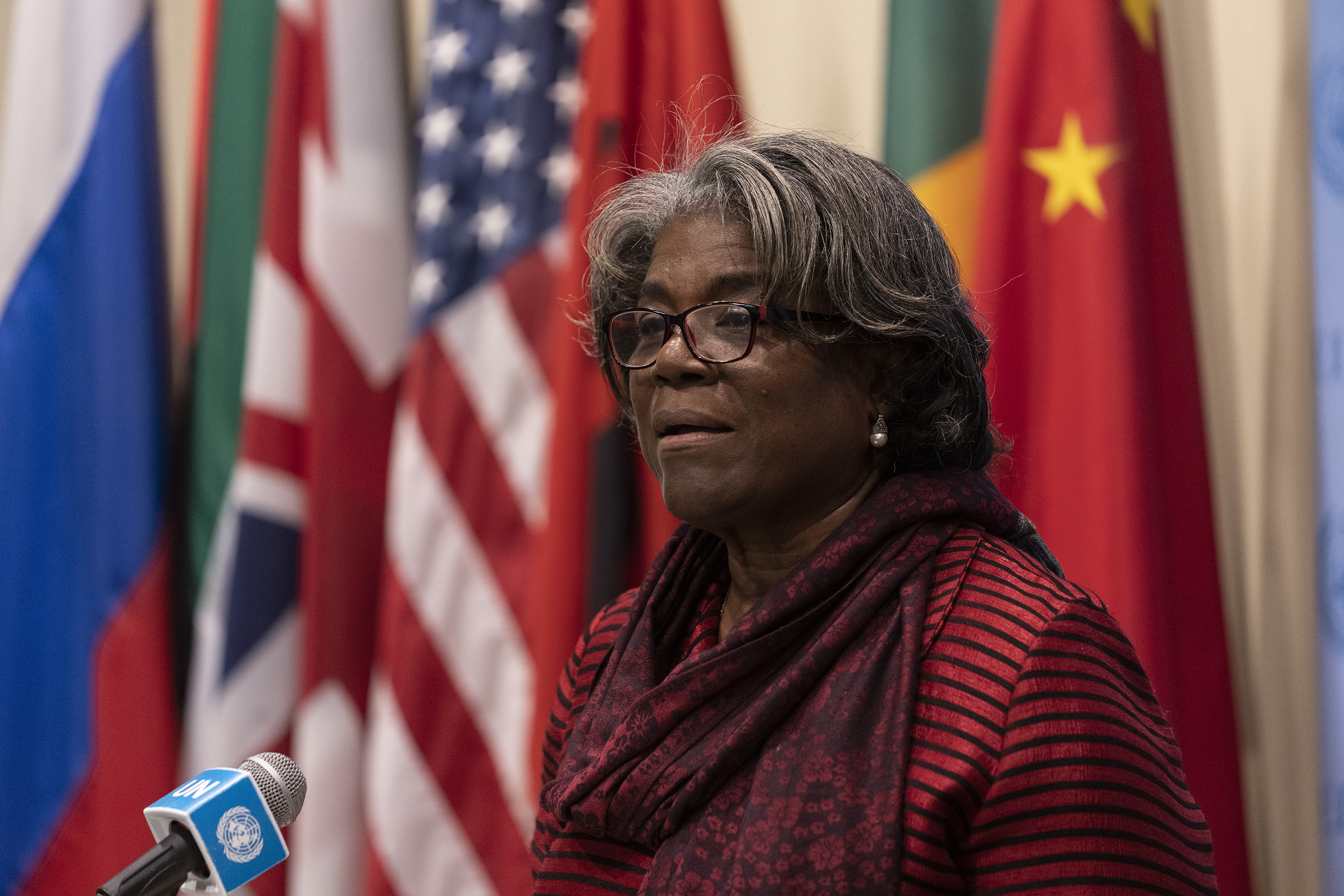 US Ambassador to the United Nations Linda Thomas-Greenfield speaks to press after Security Council meeting in the UN Headquarters in New York on October 1.