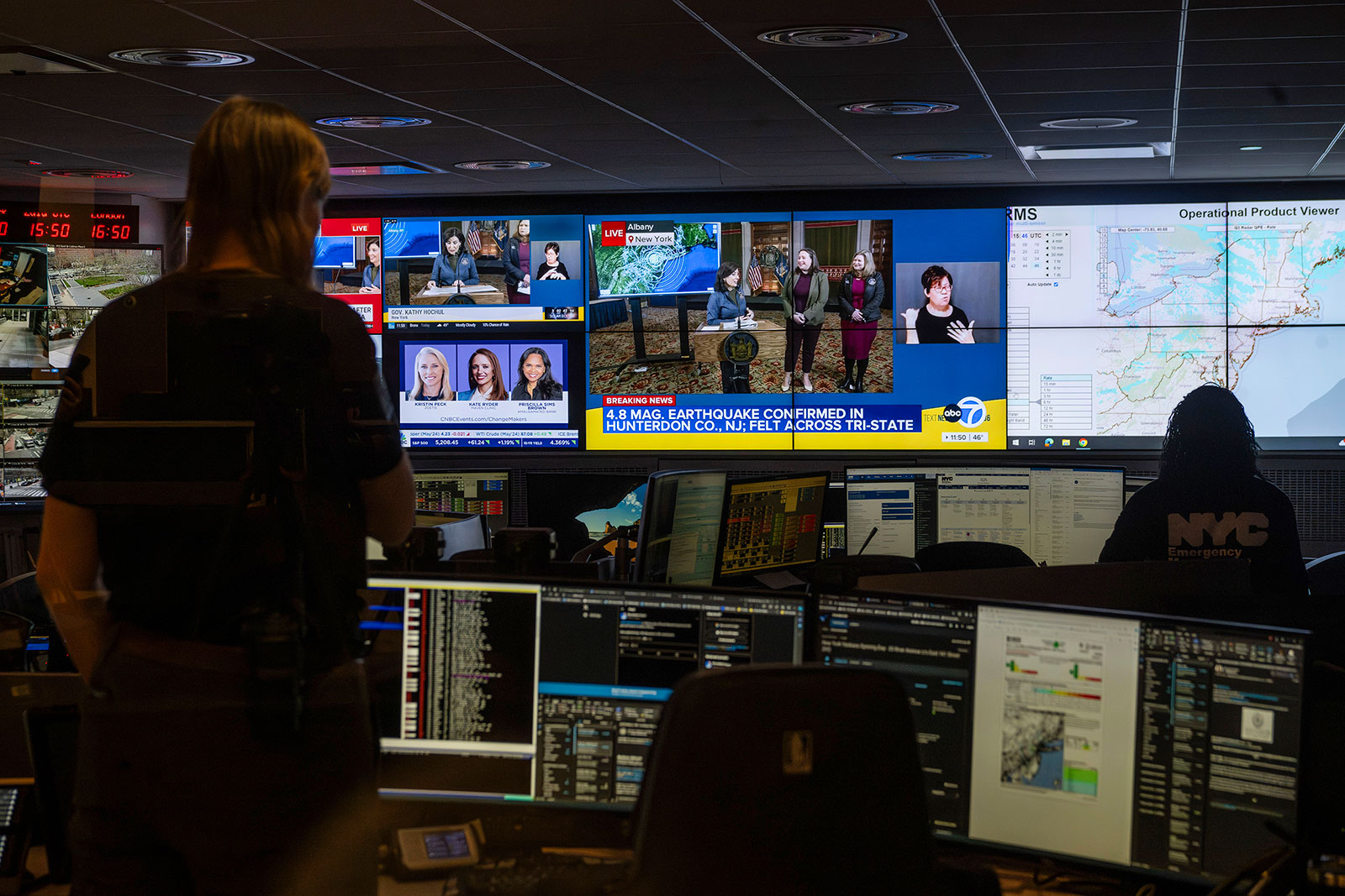 New York Gov. Kathy Hochul's press conference is seen on a screen at the command center of the New York City Emergency Management Department on Friday in New York. 
