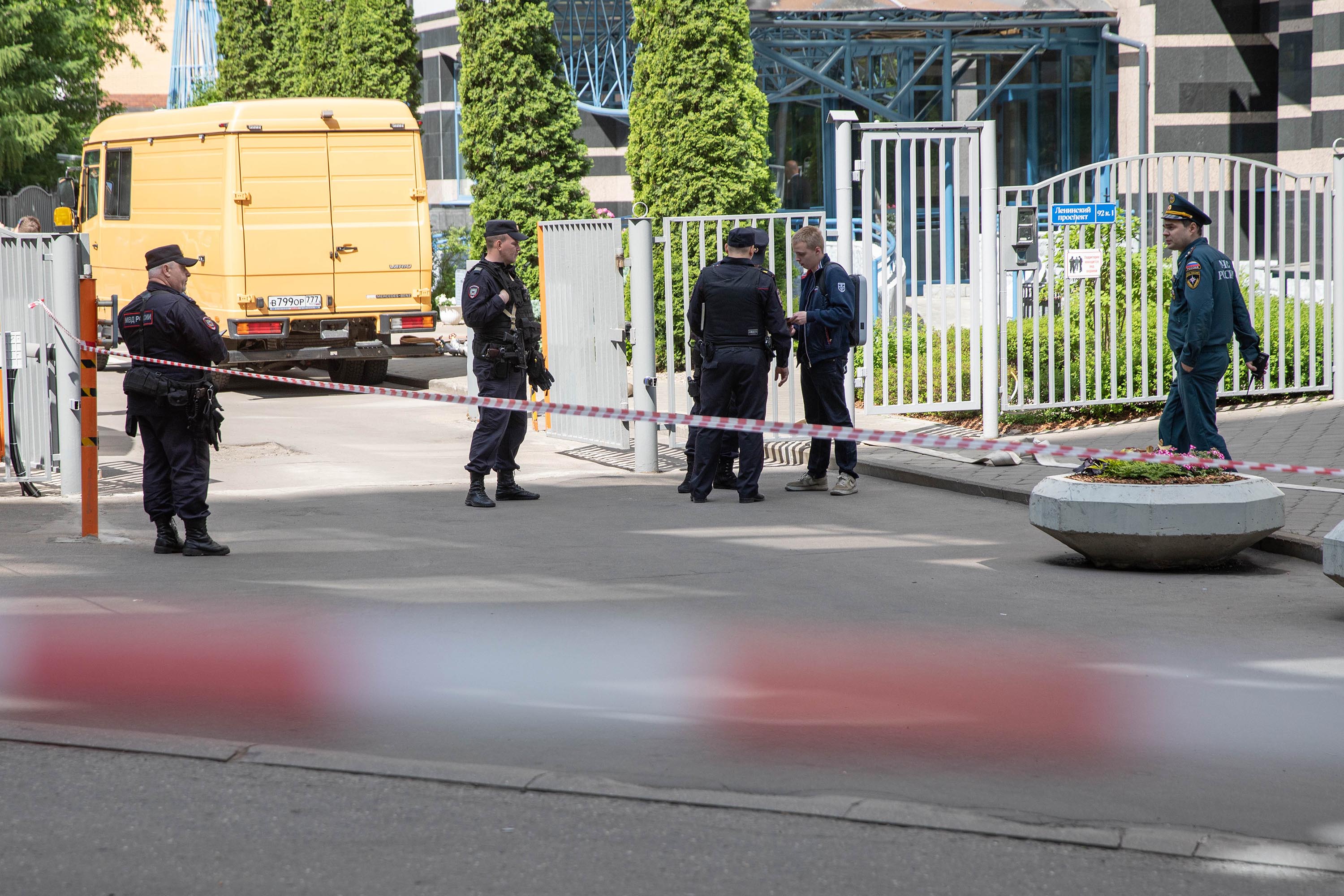 Police work at the site of a drone attack in Moscow, Russia, on May 30. 
