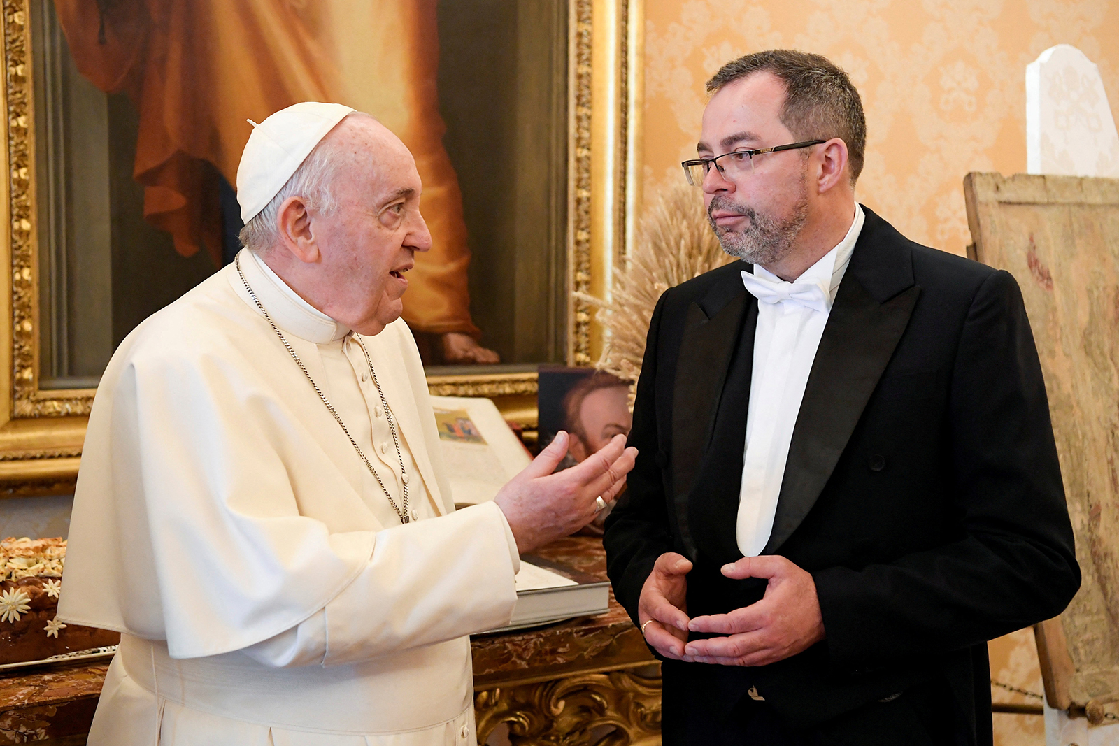 Pope Francis meets with Ukraine's ambassador to the Vatican, Andriy Yurash, during a private audience at the Vatican on April 7.