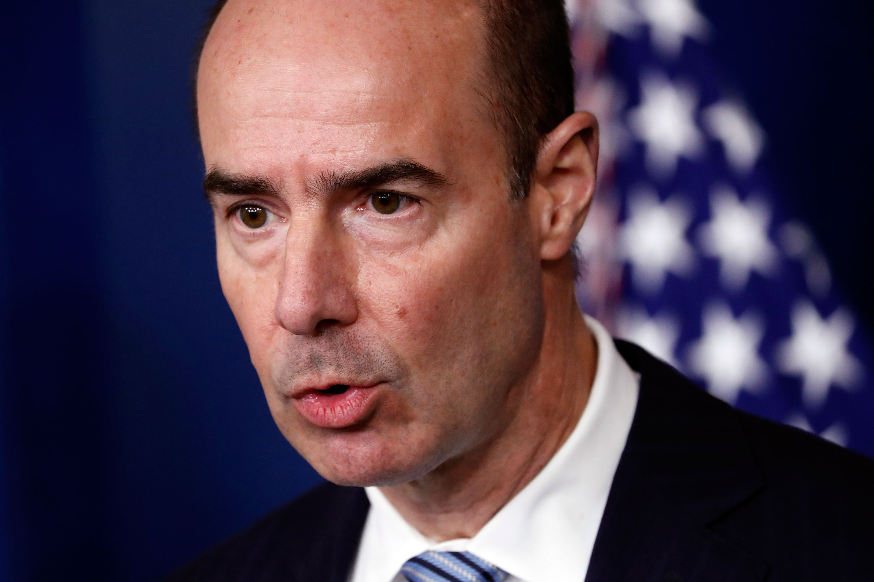 Labor Secretary Eugene Scalia speaks about the coronavirus in the James Brady Press Briefing Room of the White House on April 9.