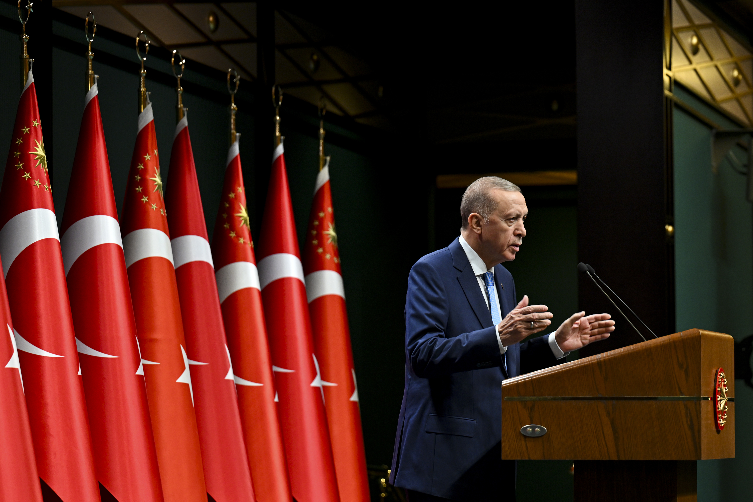 Turkish President Recep Tayyip Erdogan makes remarks following a cabinet meeting at the Presidential Complex in Ankara, Turkey, on October 31.