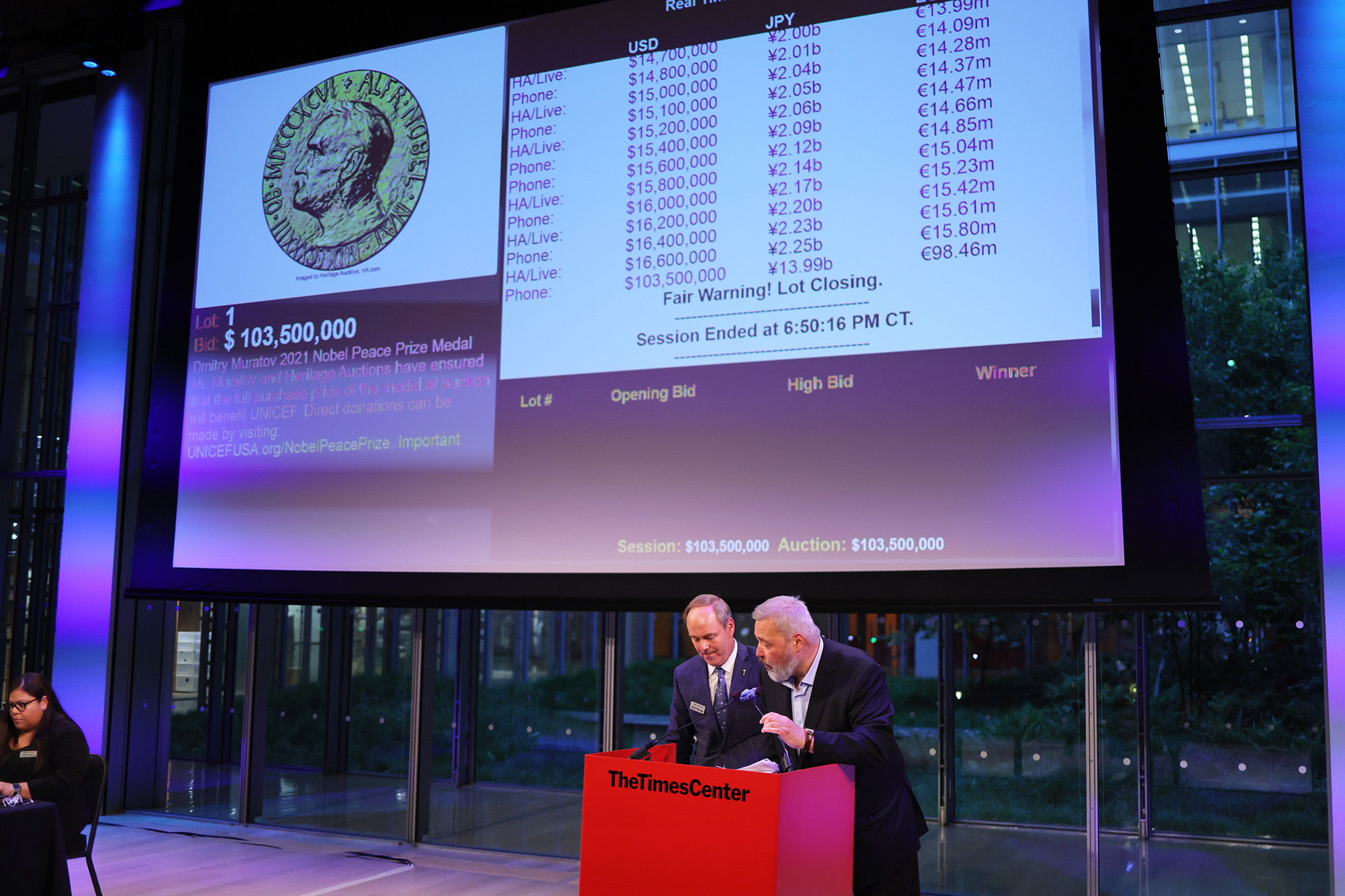 Nobel Peace Prize winner Dmitry Muratov, editor-in-chief of the Russian newspaper Novaya Gazeta, gives a short speech after the conclusion of bidding during a charity auction at The Times Center on June 20, in New York City. 