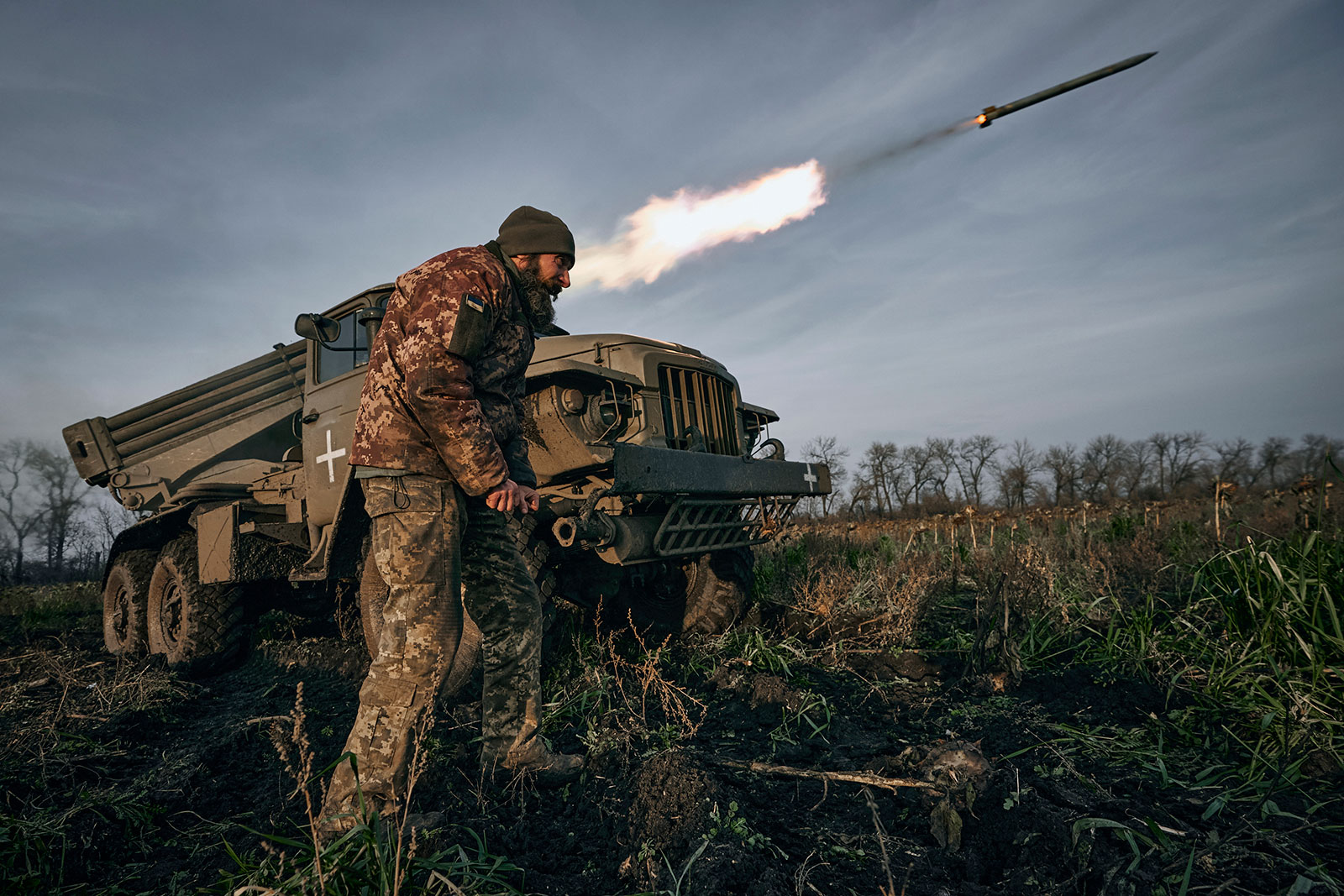 Ukrainian military's Grad multiple rocket launcher fires rockets at Russian positions in the frontline near Bakhmut, Donetsk region, Ukraine, on November 24. 