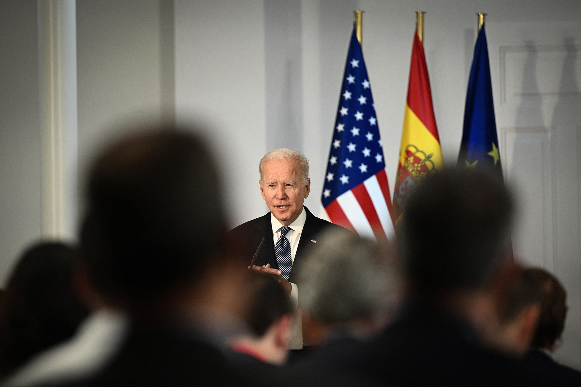 US President Joe Biden speaks during a joint press conference with Spain's Prime Minister after a meeting at La Moncloa Palace in Madrid, Spain, on the sidelines of a summit of The North Atlantic Treaty Organisation (NATO) on June 28.