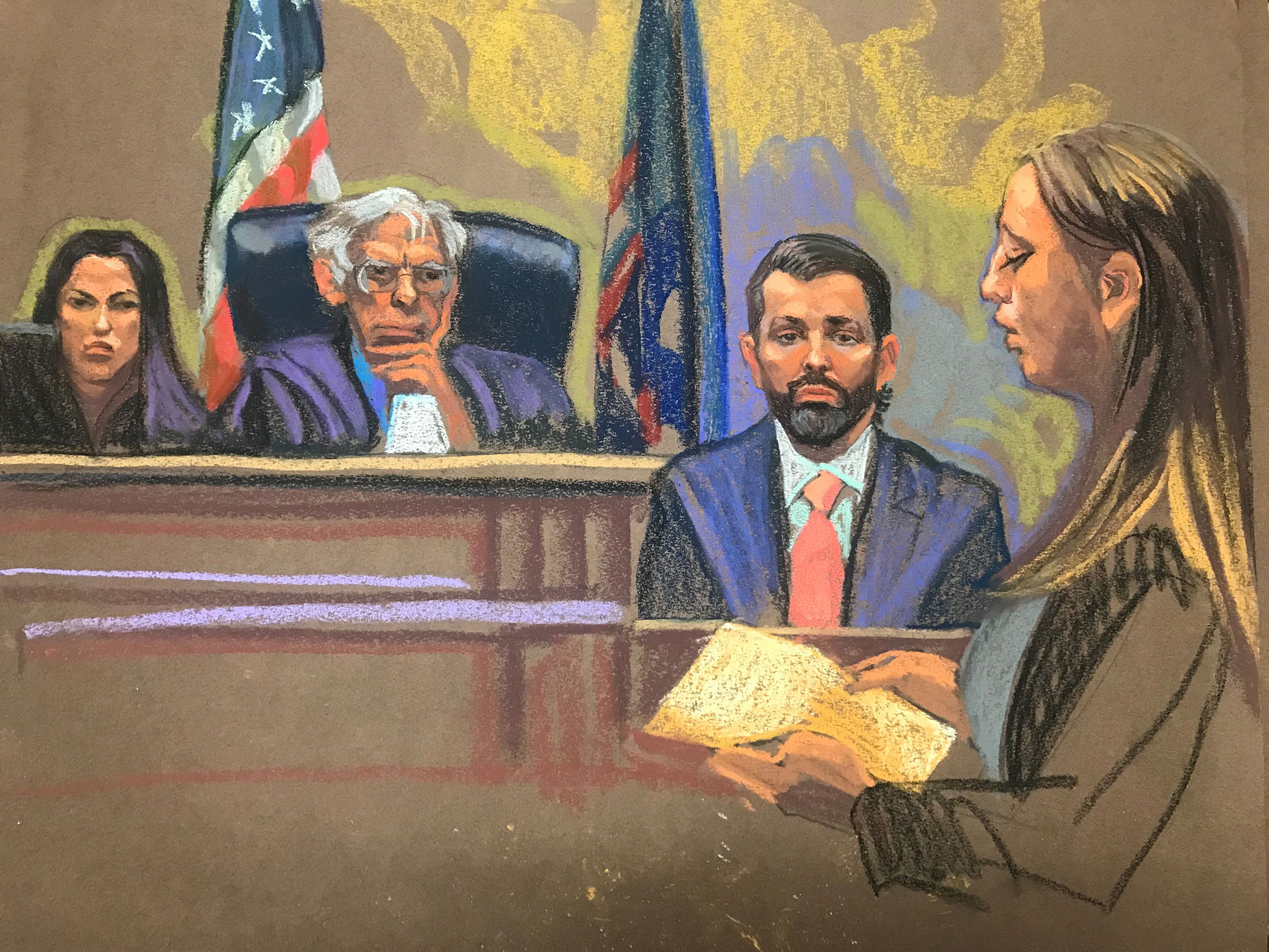 In this sketch from court, Donald Trump Jr. testifies on the stand in court in New York on November 1.