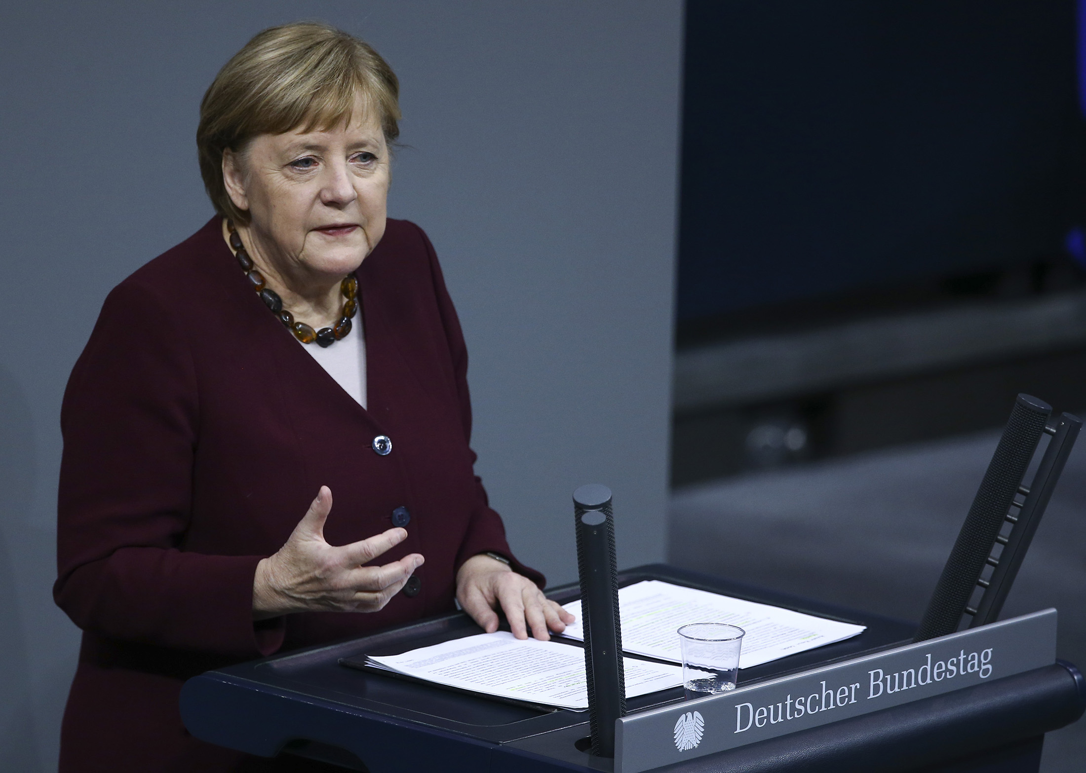 Chancellor Angela Merkel makes a speech at the German federal parliament in Berlin on Nov. 26. 