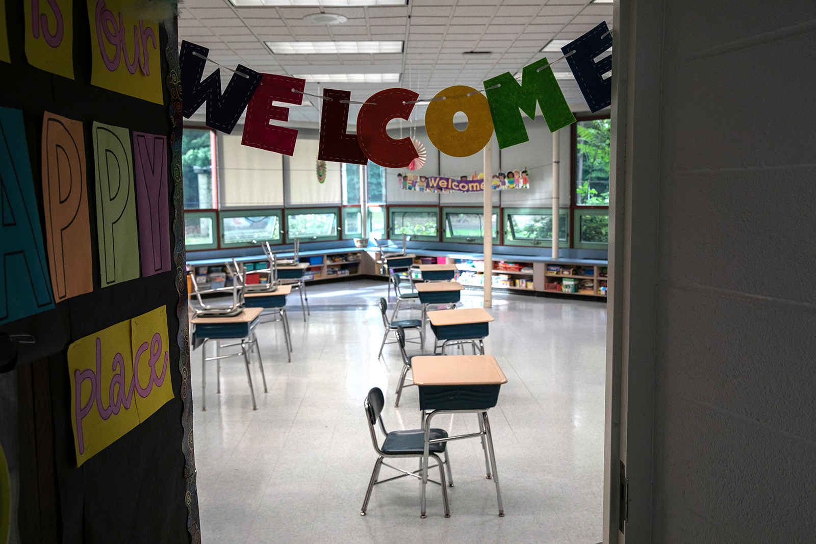 Socially distanced desks, due to the coronavirus pandemic await the first day of school at the Newfield Elementary School on August 31, in Stamford, Connecticut. 