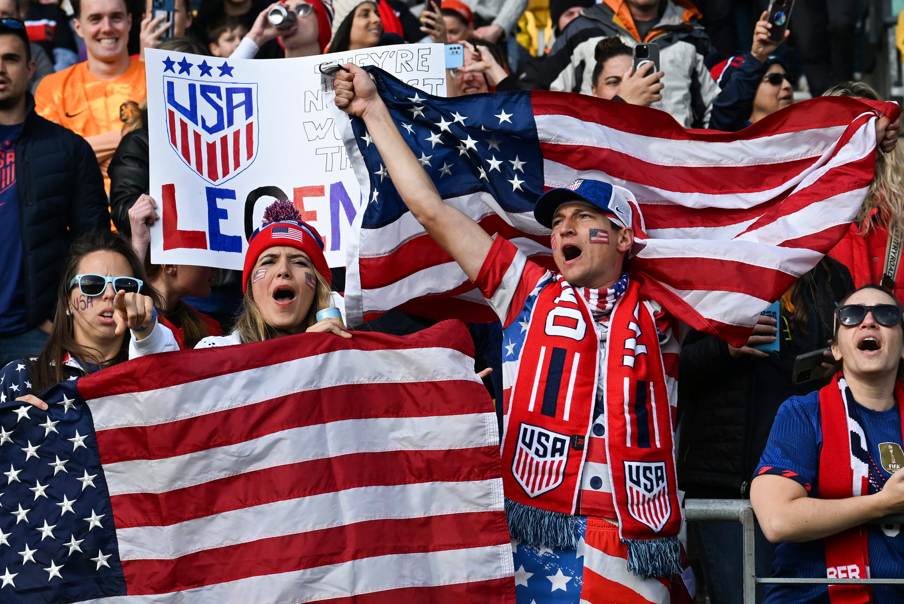 US fans react during the group stage match between the United States and the Netherlands in Wellington, New Zealand, on July 27.