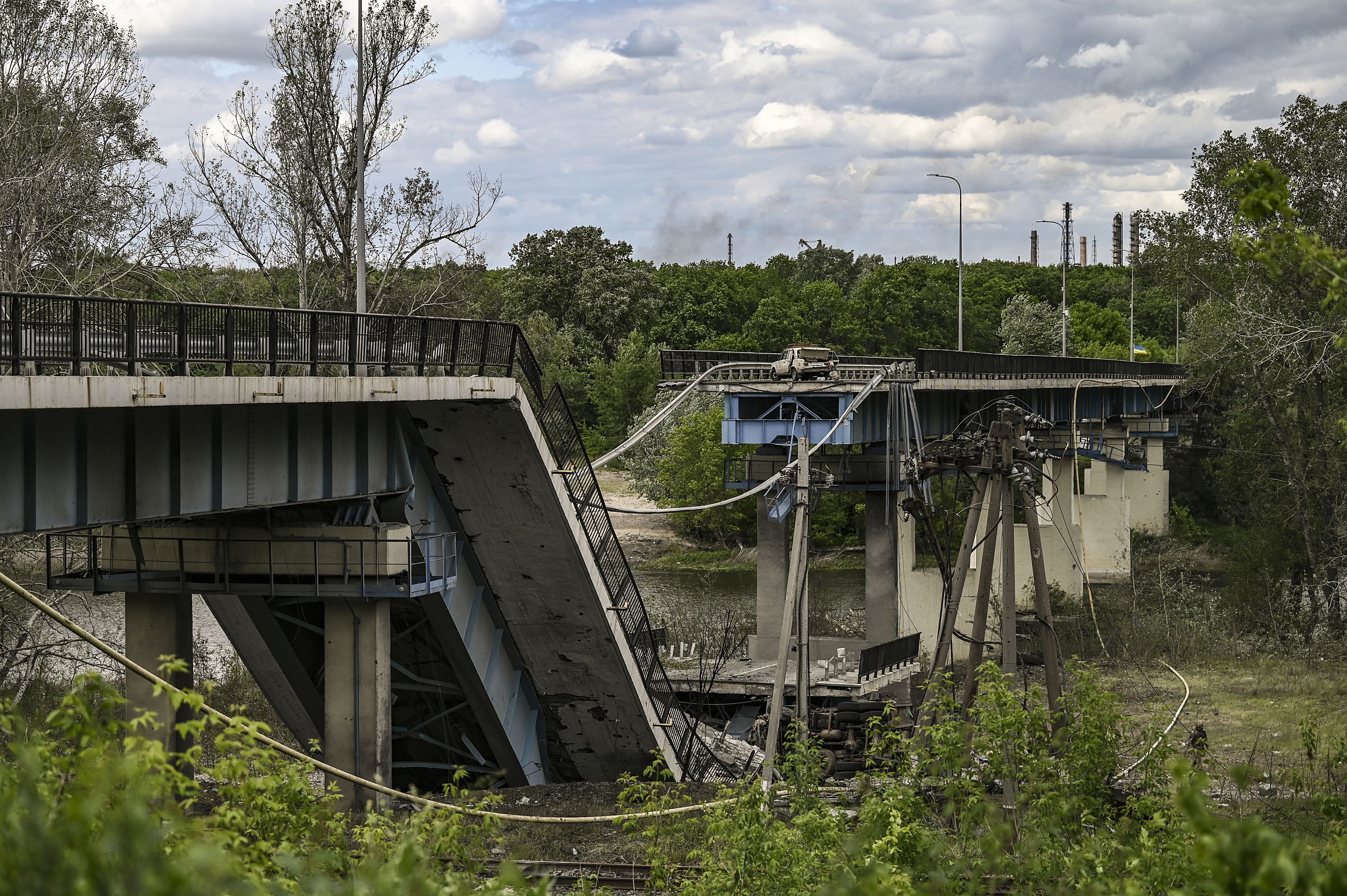 A downed bridge that connects the city of Lysychansk to the city of Severodonetsk, on Sunday.