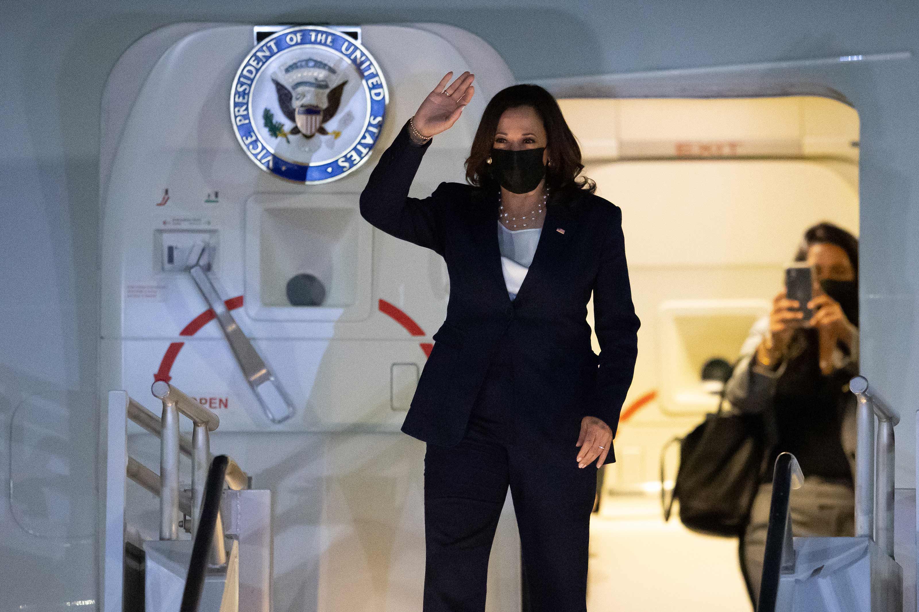 Vice President Kamala Harris arrives at Benito Juarez International Airport for her official visit to Mexico on June 7 in Mexico City. 