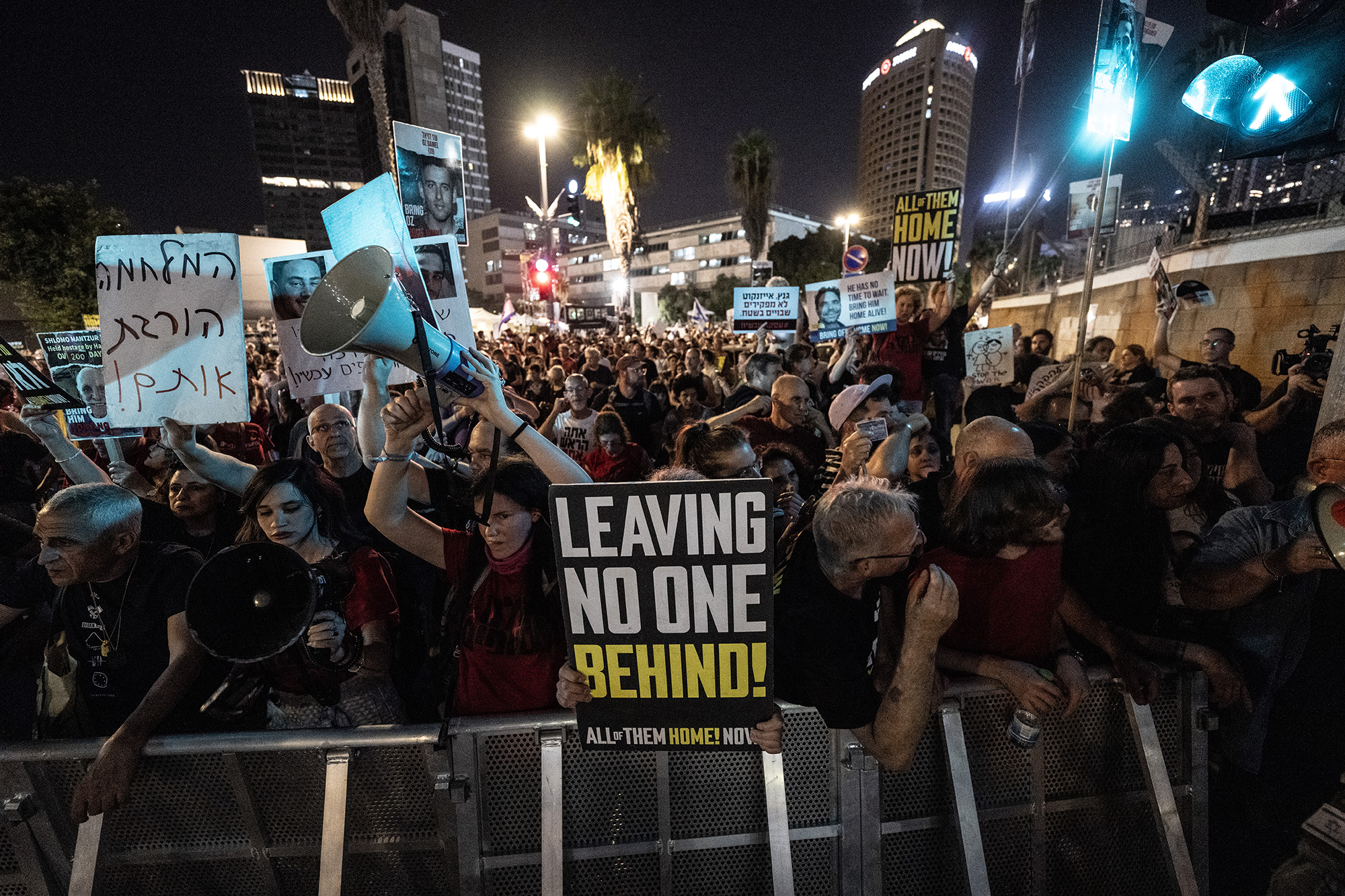 Israeli's gather to stage a protest against the government of Prime Minister Binyamin Netanyahu and the immediate return of hostages, in front of the Defense Ministry building in Tel Aviv, Israel on April 23.