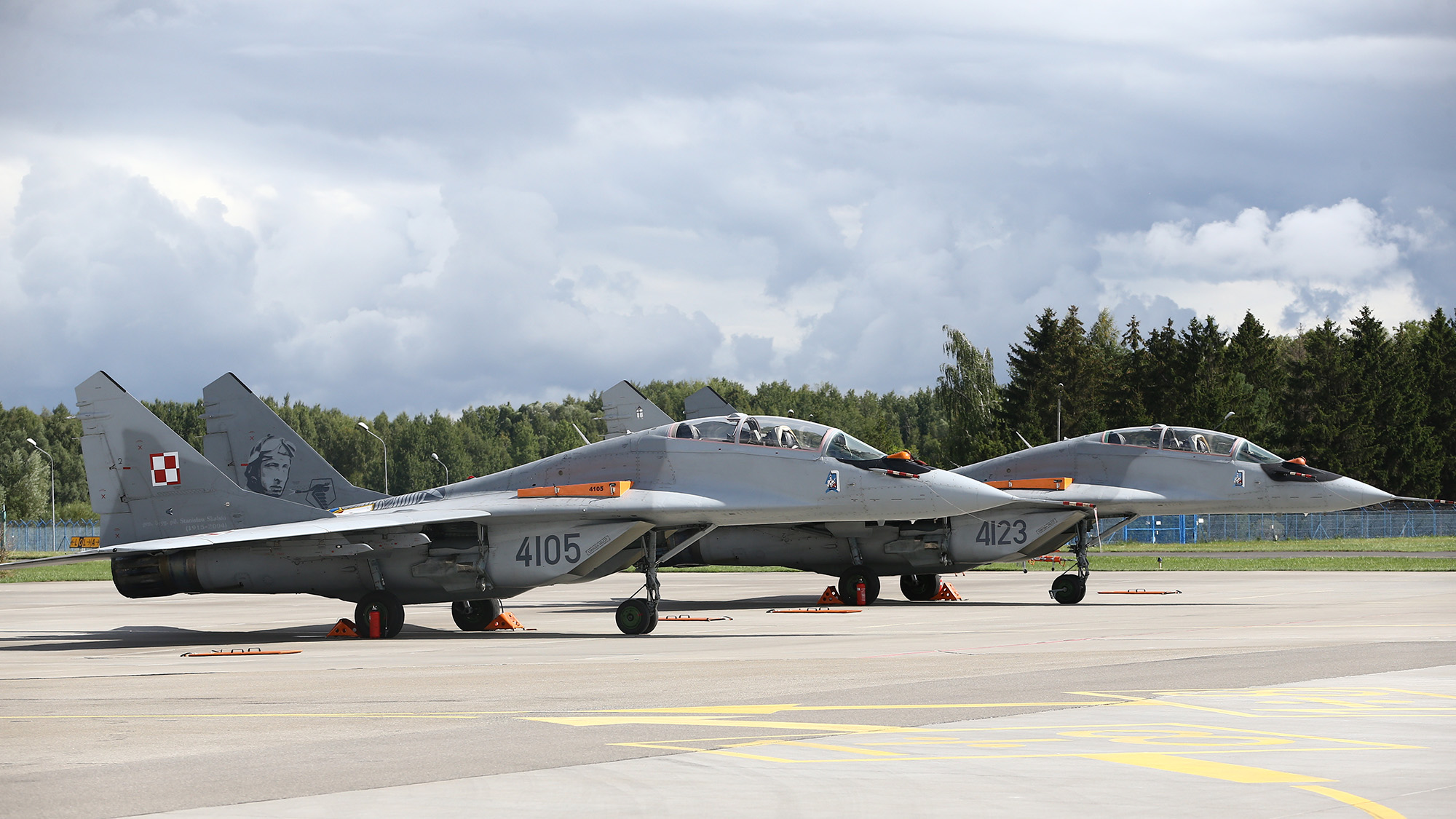 Two Polish Air Force MIG-29's are seen at the 22nd Air Base Command in Malbork, Poland on August 27, 2021. 