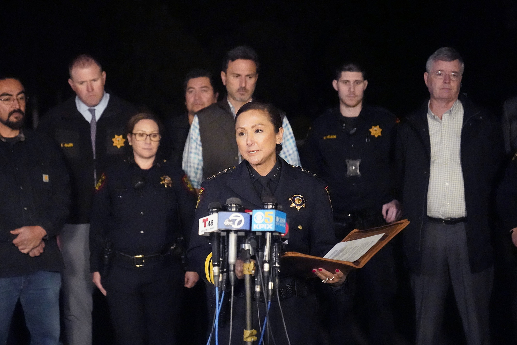San Mateo County Sheriff Christina Corpus speaks at a news conference on January 24 following a shooting Monday in Half Moon Bay, California.